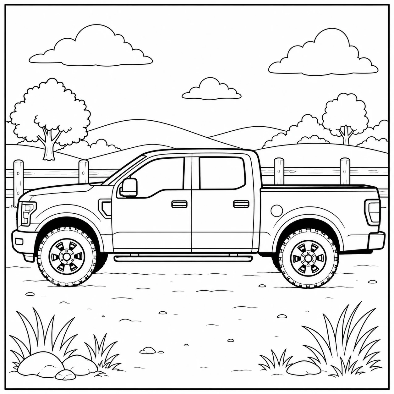 Pick-up truck met grote laadbak en brede banden in een eenvoudige landelijke omgeving