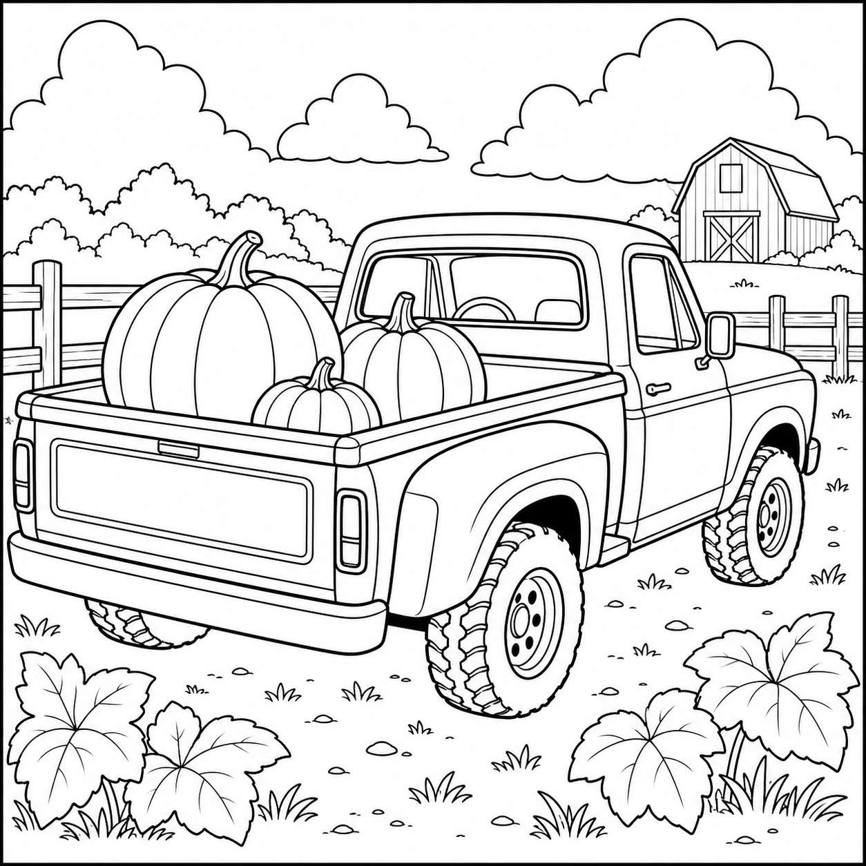Grote pompoenen vullen de laadbak van een kleurplaat pickup truck in een landelijk herfstveld.