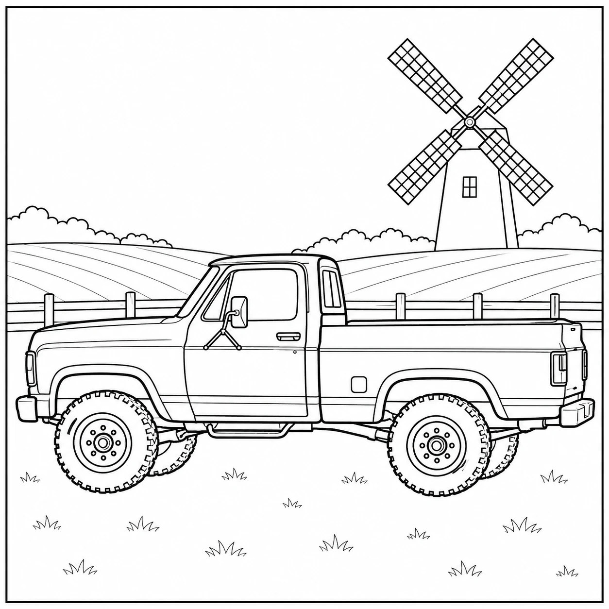 Pick-uptruck in zijaanzicht naast een windmolen, met open weilanden en een houten hek.