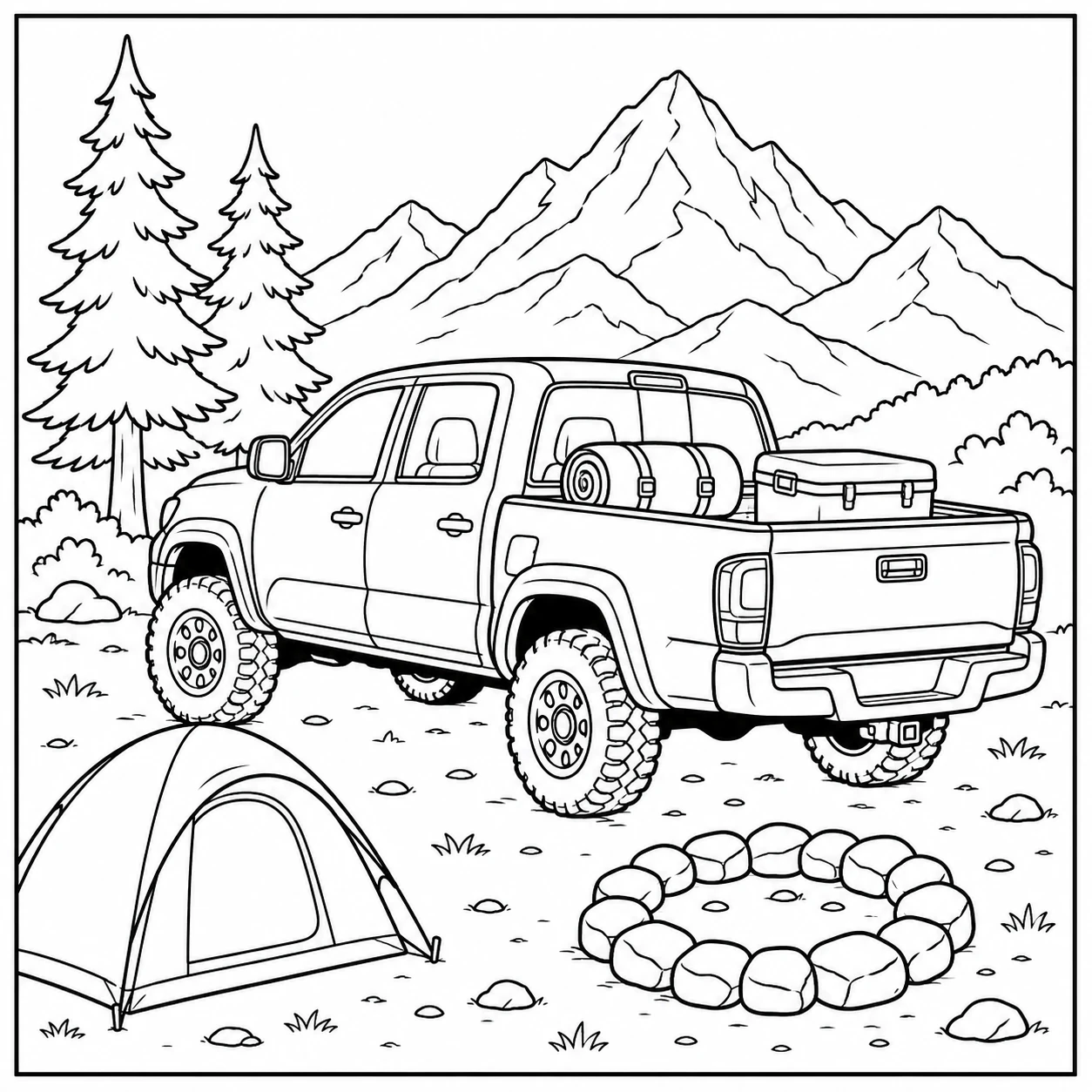 Pick-uptruck bij een bergcamping met tent, kampeerspullen, dennenbomen en een stenen vuurplek.