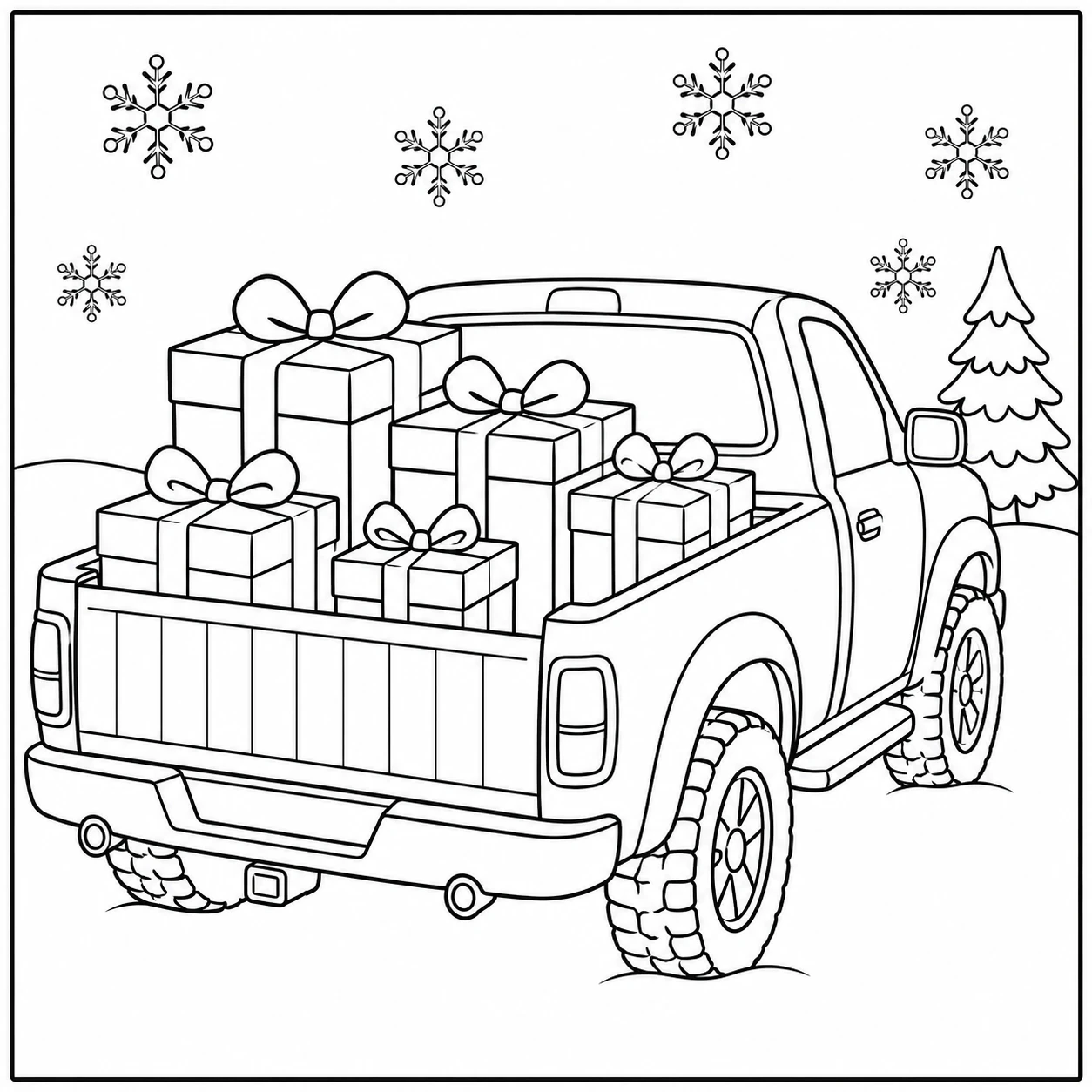 Feestelijke pick-uptruck vol ingepakte cadeaus, bekeken van schuin achteren in de sneeuw.