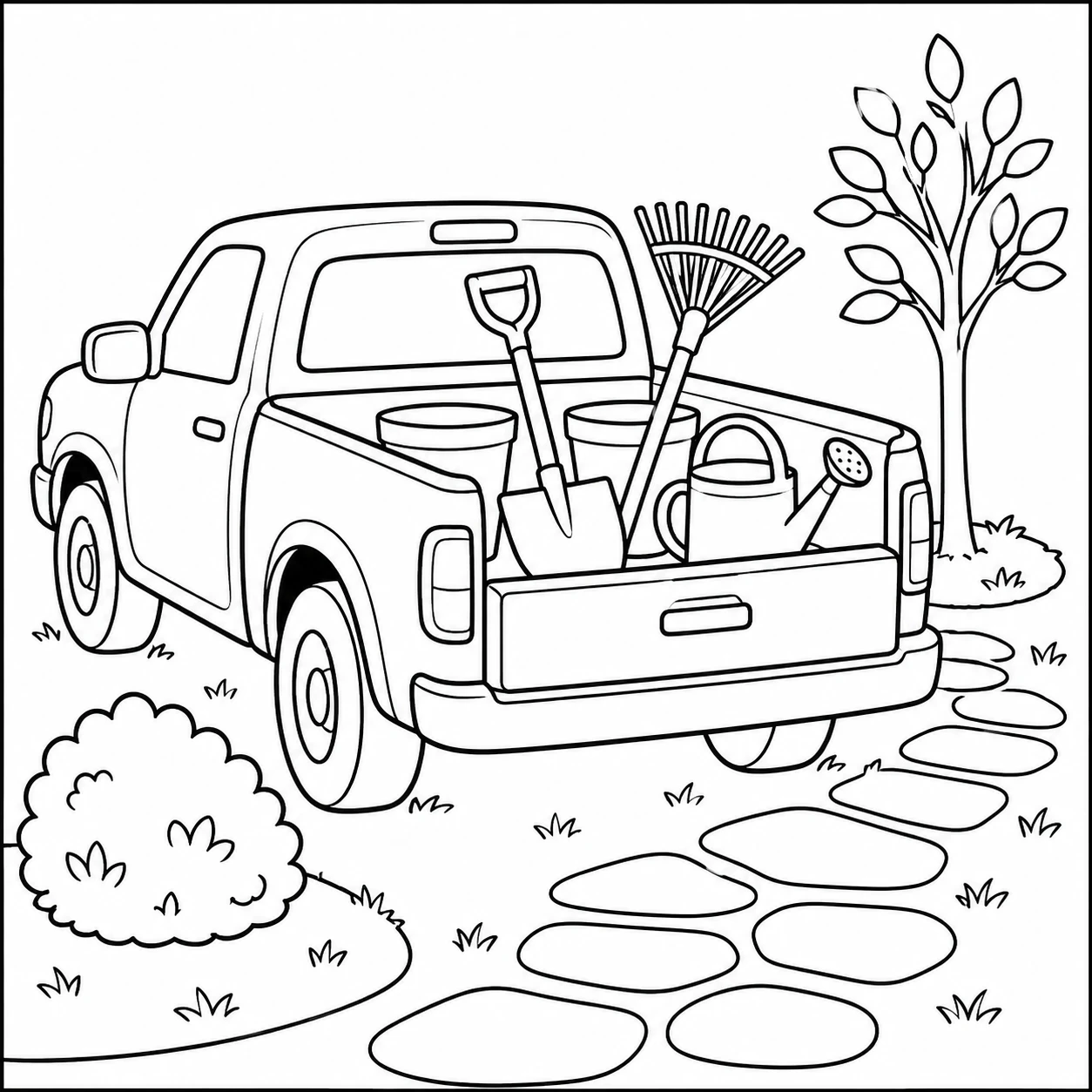 Tuingereedschap vult de laadbak van een kleurplaat pickup truck naast een stenen tuinpad.