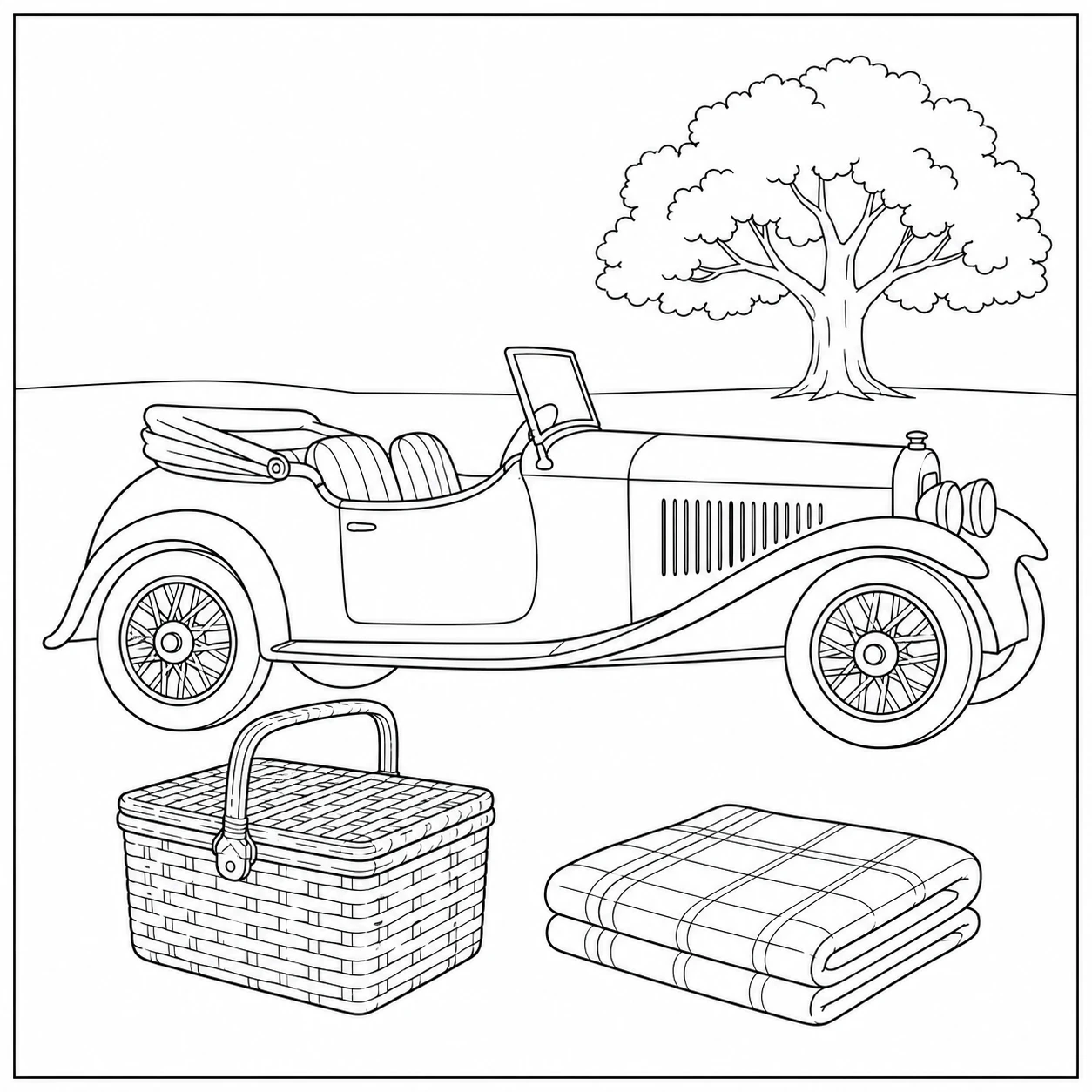 Een kleurplaat oude auto met open dak naast een picknickmand en deken onder een grote boom.