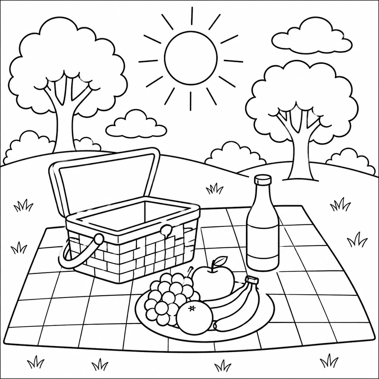 Picknickmand en fruit op een geruit kleed tussen twee bomen, met kleurplaat zon boven het park.
