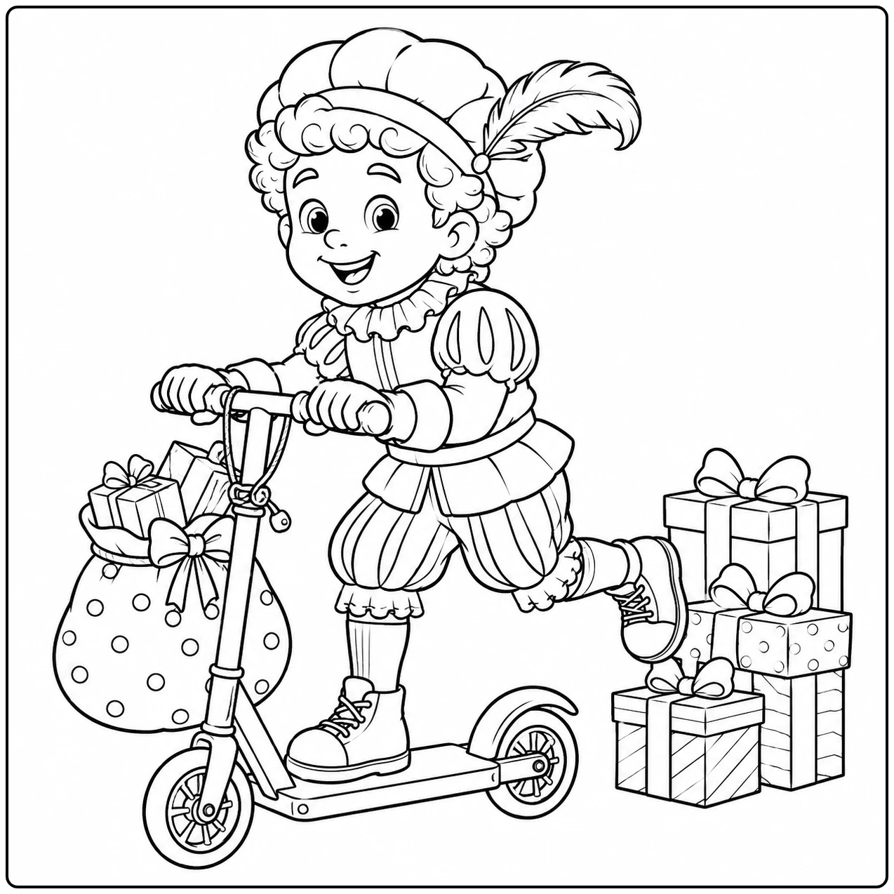 Piet stept langs een stapel cadeaus en een zak, klaar voor een feestelijke rit