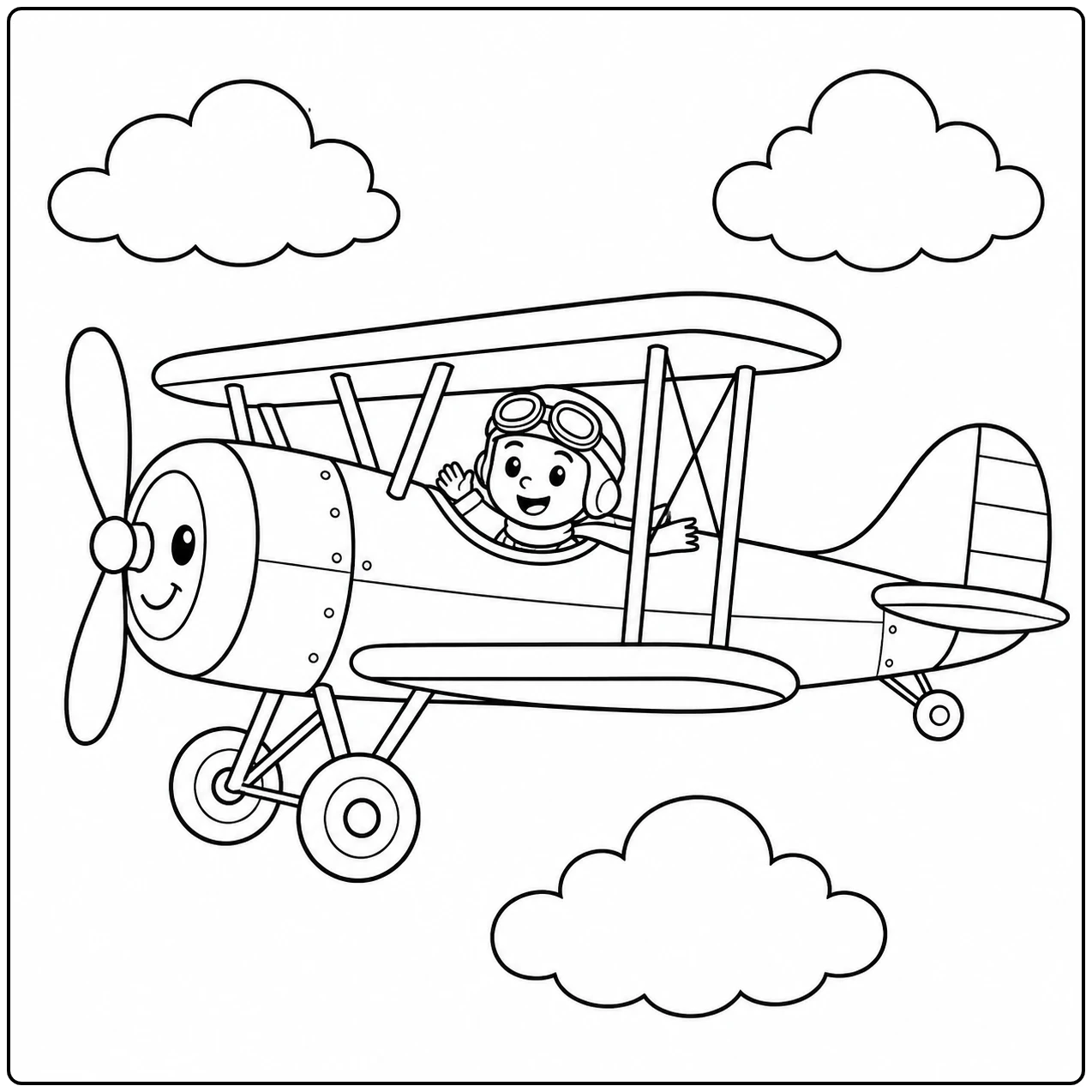 Dubbeldekker met zichtbare piloot in de cockpit vliegt tussen enkele grote, zachte wolken