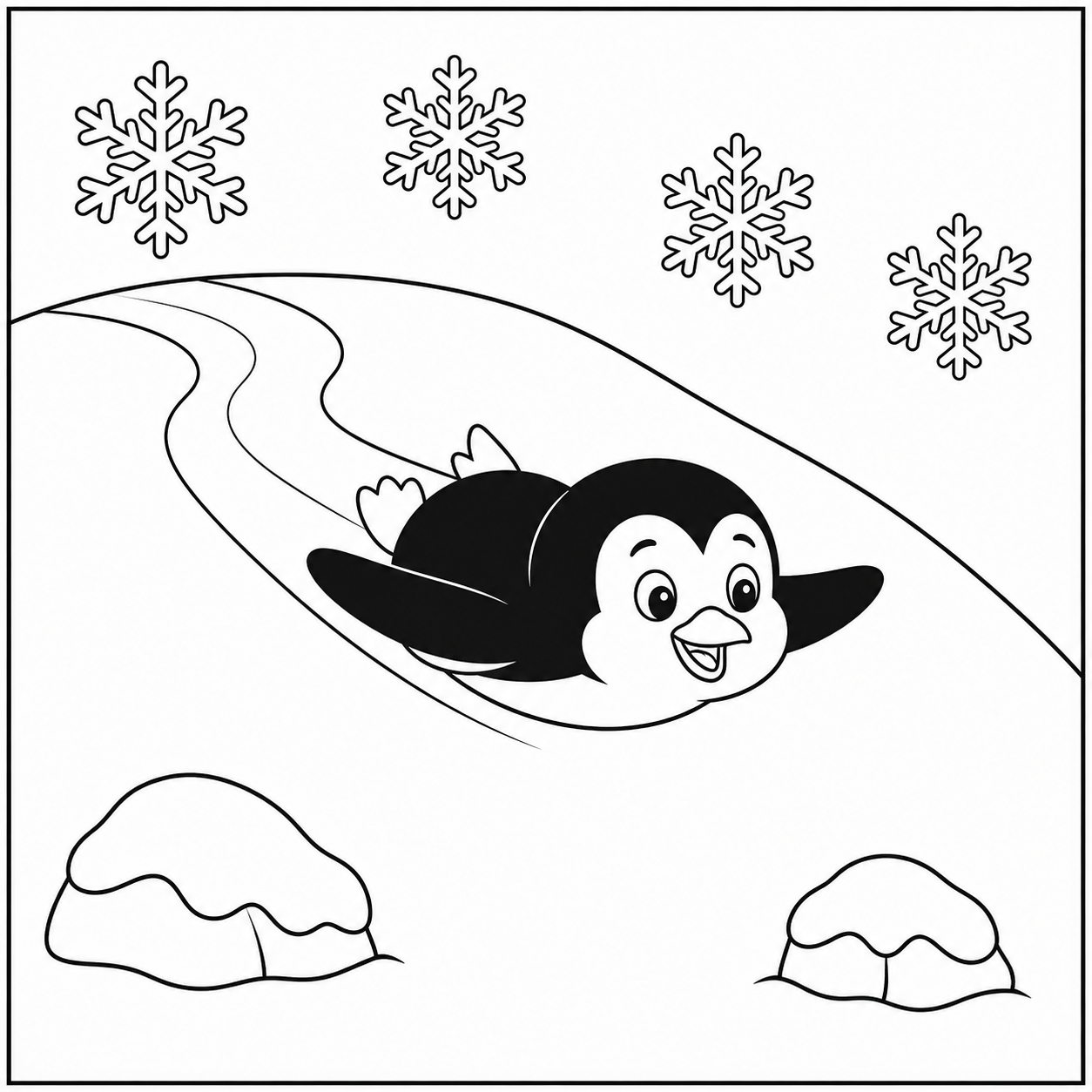 Een pinguïn glijdt vrolijk van een sneeuwheuvel op deze kleurplaat sneeuw met grote vlokken