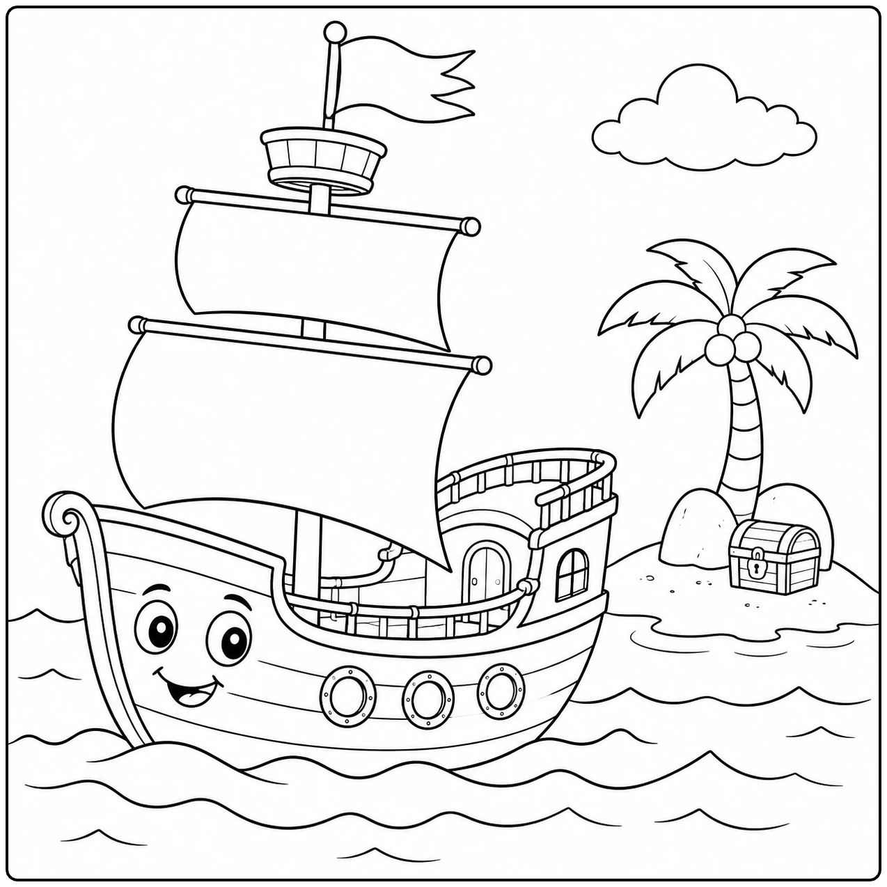 Lachend piratenschip bij een palmeiland, een speelse kleurplaat boot voor kinderen