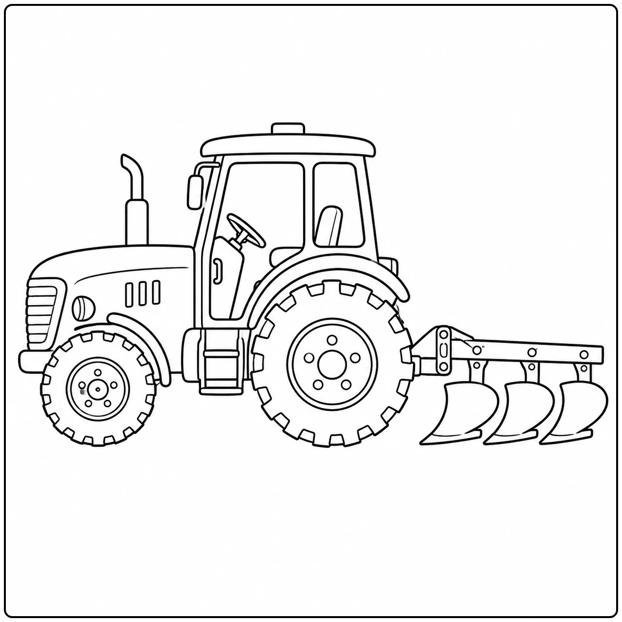 Trekker kleurplaat met aanhangers en landbouwwerktuigen met tractor en ploeg met vier gebogen scharen