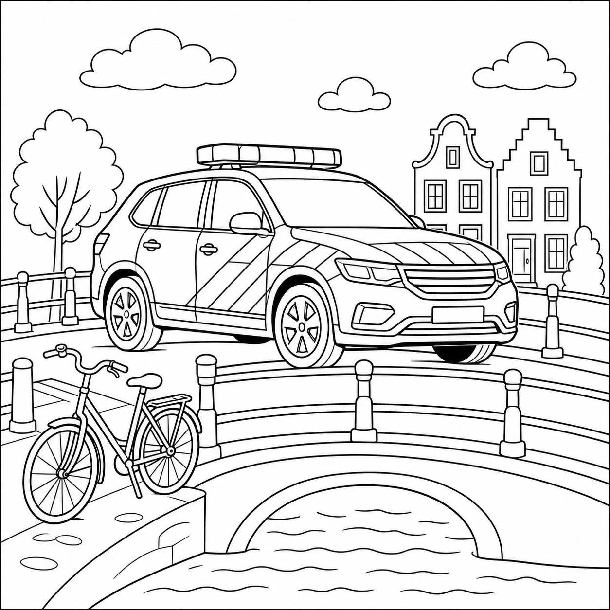 Een kleurplaat politieauto rijdt over een gebogen kanaalbrug langs een fiets en smalle grachtenpanden.