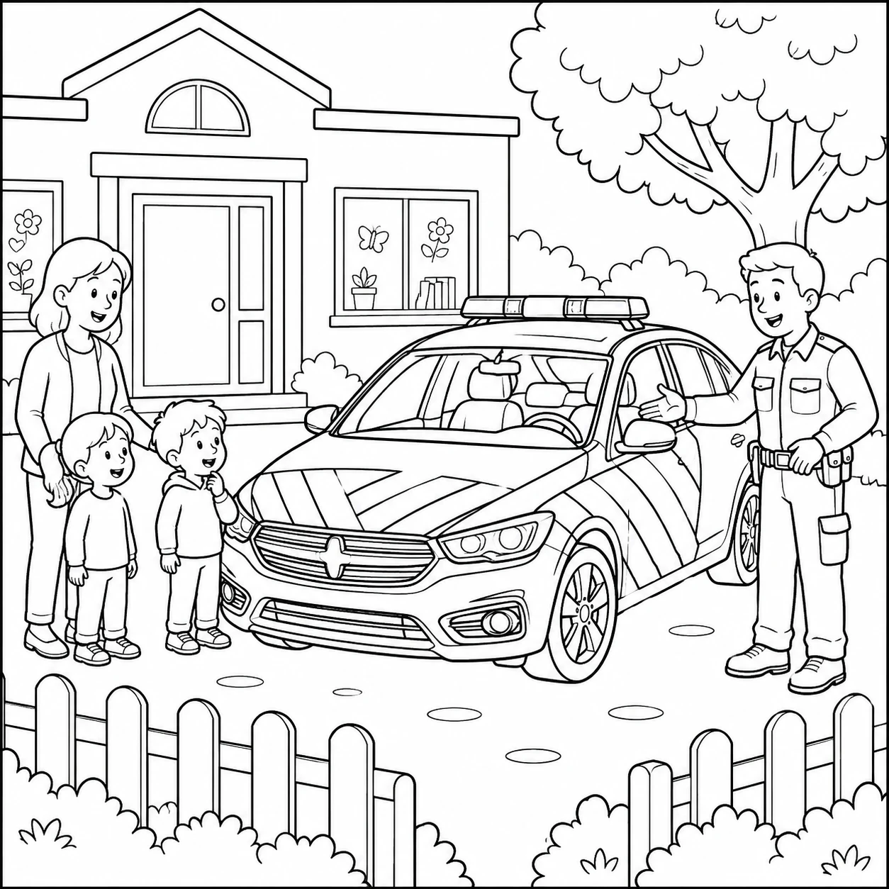 Twee kleuters en hun juf bekijken samen met een agent een geparkeerde politieauto op het schoolplein.