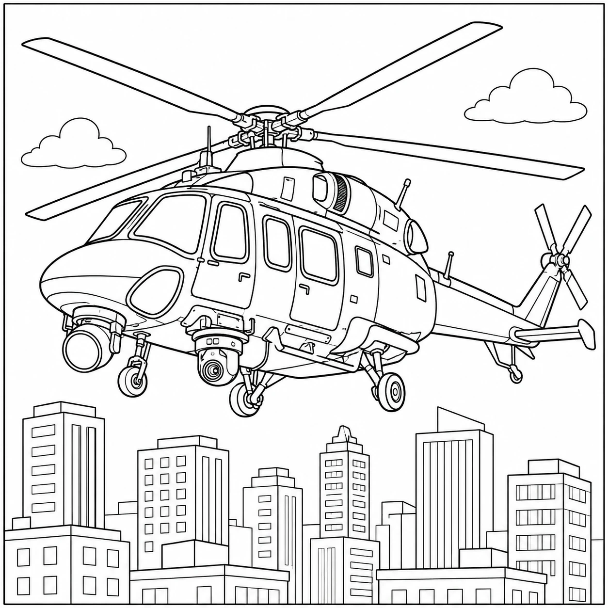 Politie-uitvoering boven een stad, geschikt als kleurplaat helikopter met zoekcamera