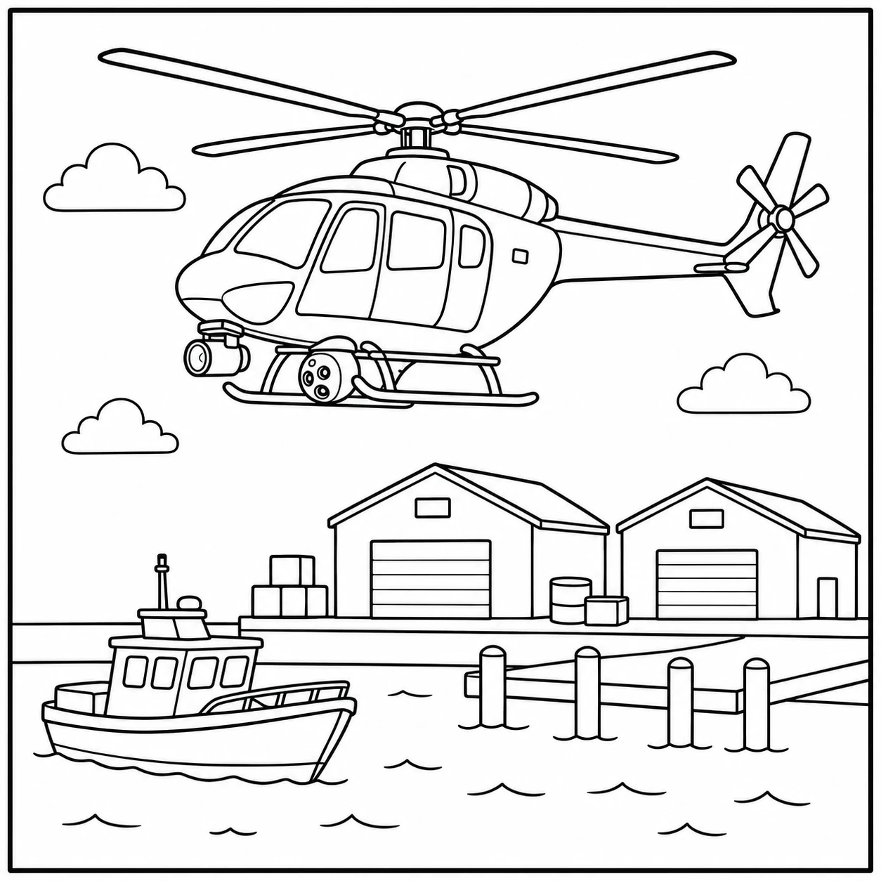 Boven een kleine haven zweeft een politiehelikopter bij een boot, steigers en twee loodsen