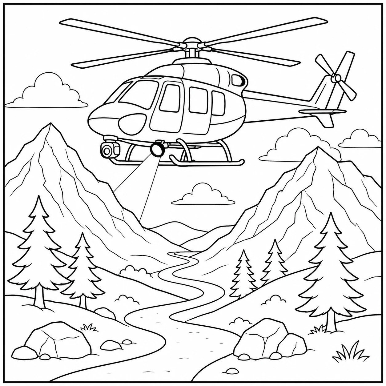 Politiehelikopter vliegt boven een bergdal met dennenbomen en een slingerende rivier