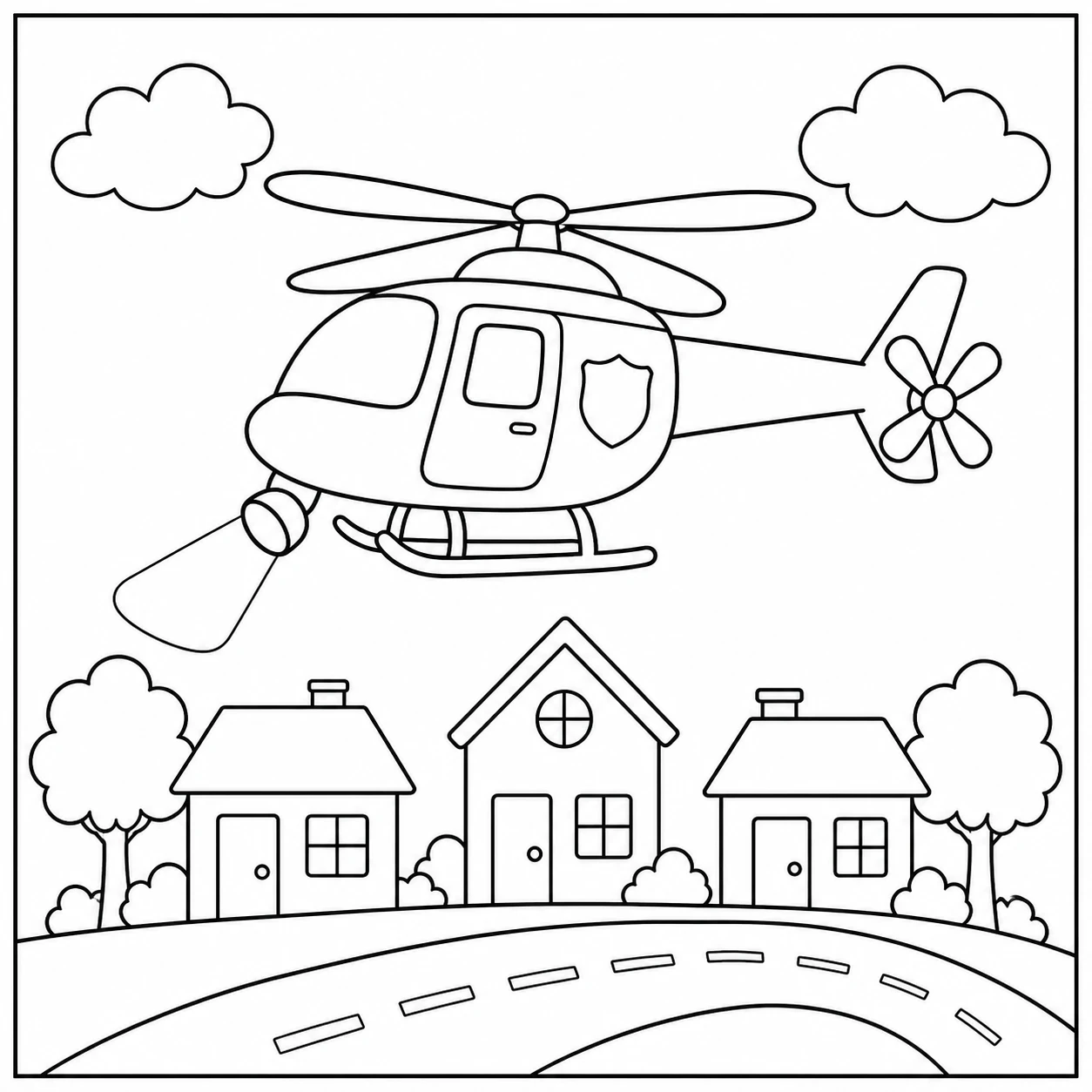 Politiehelikopter vliegt boven een rustige woonwijk met huizen, bomen en enkele wolken