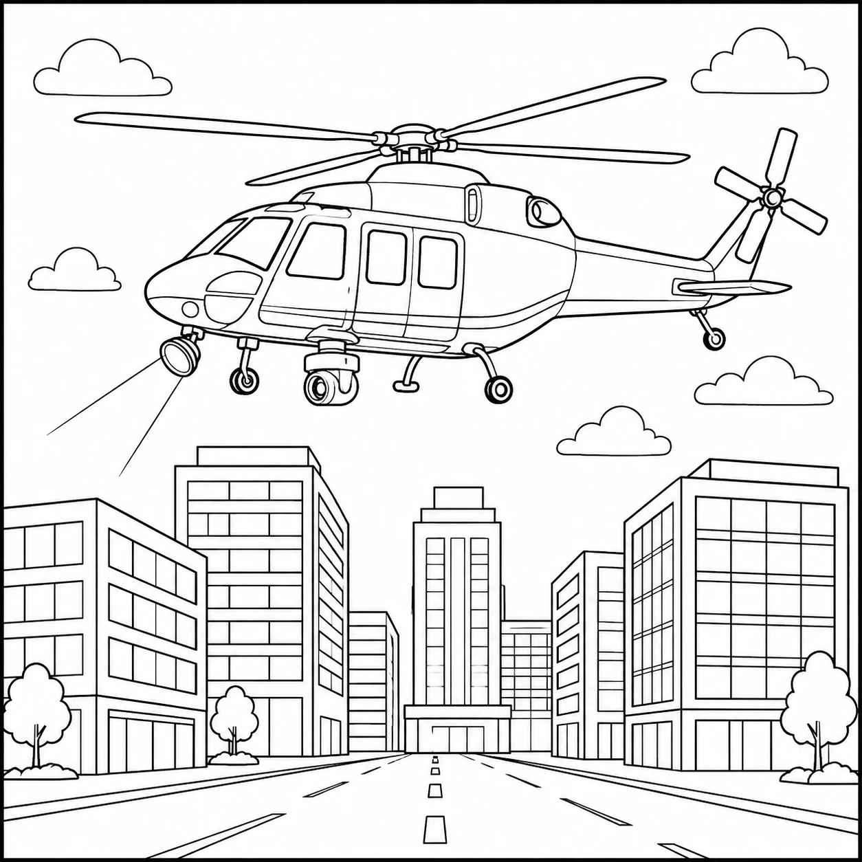 Boven een brede stadsstraat patrouilleert een kleurplaat politie helikopter tussen hoge gebouwen