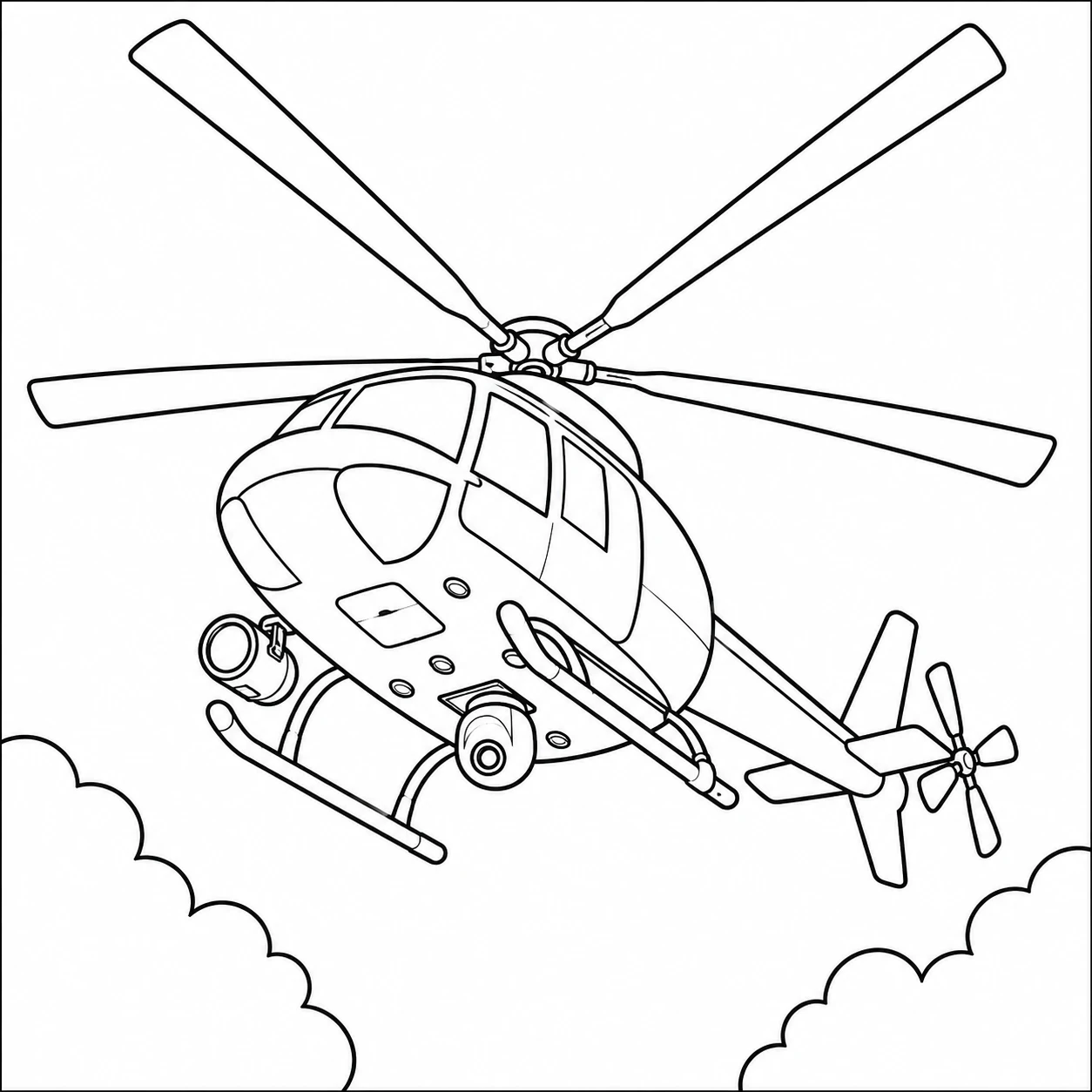 Dramatisch onderaanzicht van een kleurplaat politie helikopter tussen wolken met camera en zoeklicht