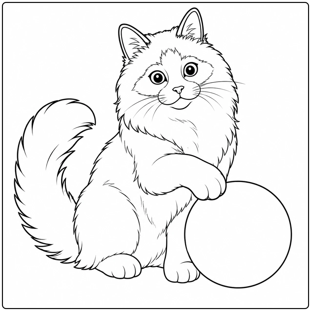 Langharige kat zit rechtop met één voorpoot geheven naast een grote ronde bal en een volle, gebogen staart.