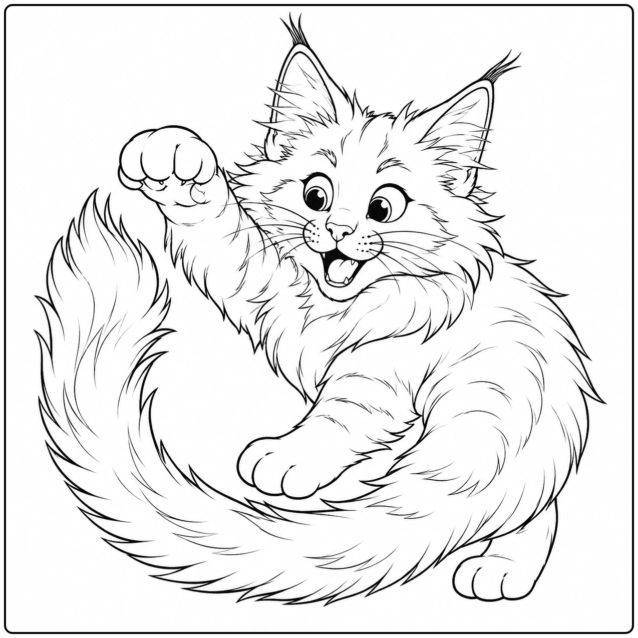 Pluizige kat met opgeheven poot en gekrulde staart in een kleurplaat maine coon.