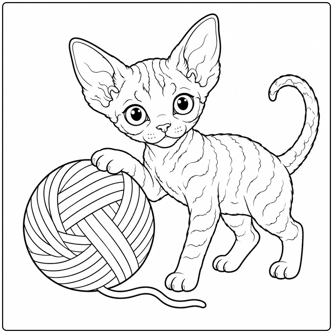 De kleurplaat devon rex toont een jonge kat die met één poot een grote bol wol aanraakt.