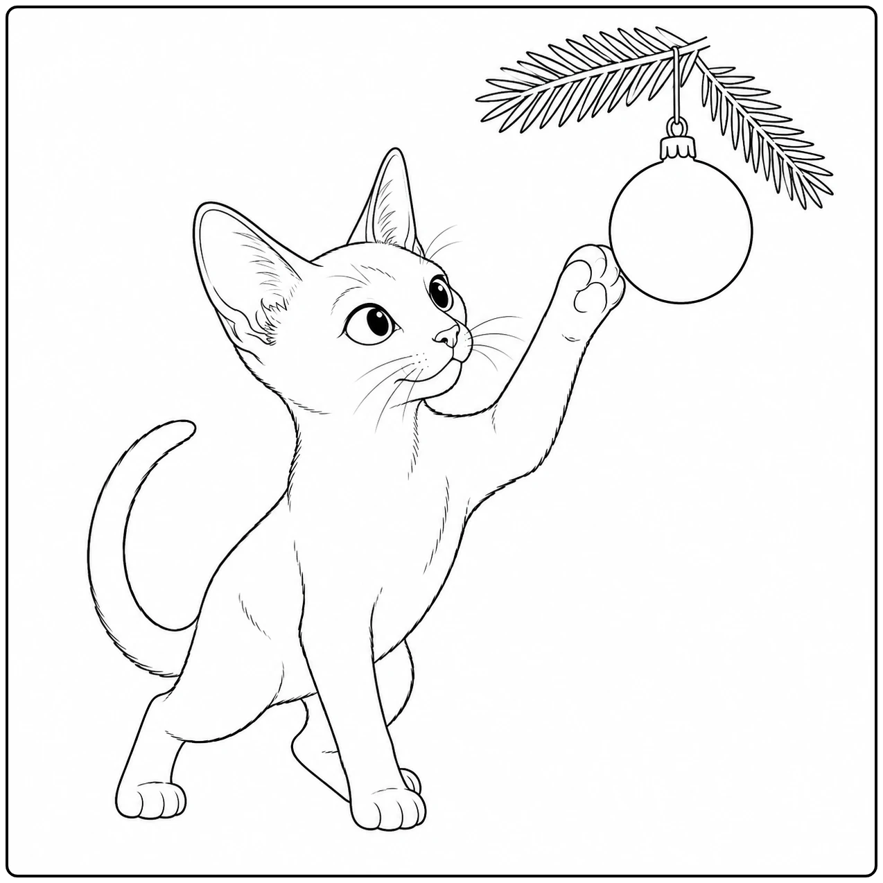kleurplaat blauwe rus met een kitten dat naar een kerstbal aan een dennentak reikt.
