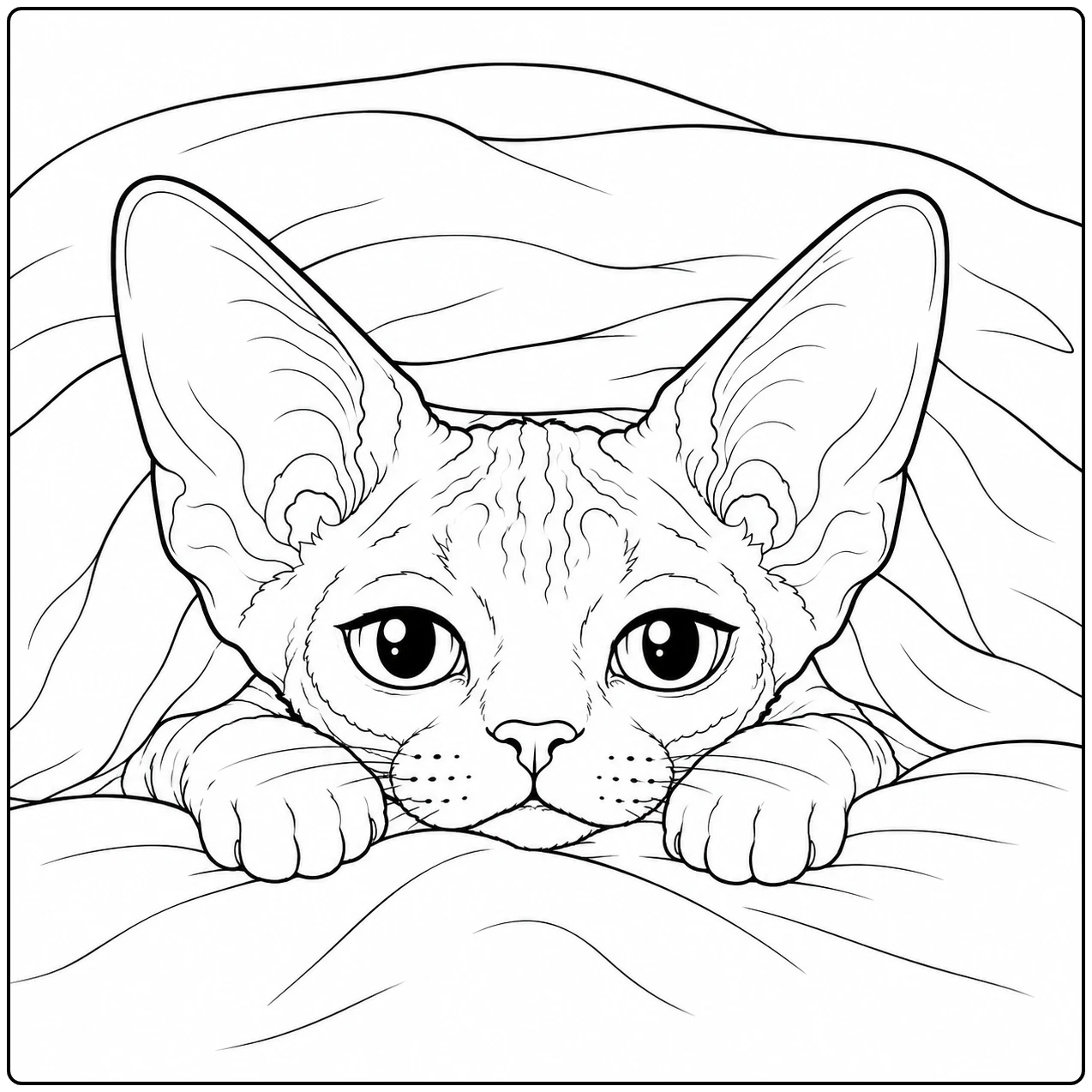 Kat gluurt over een dik dekbed met beide pootjes zichtbaar, passend bij kleurplaat devon rex.