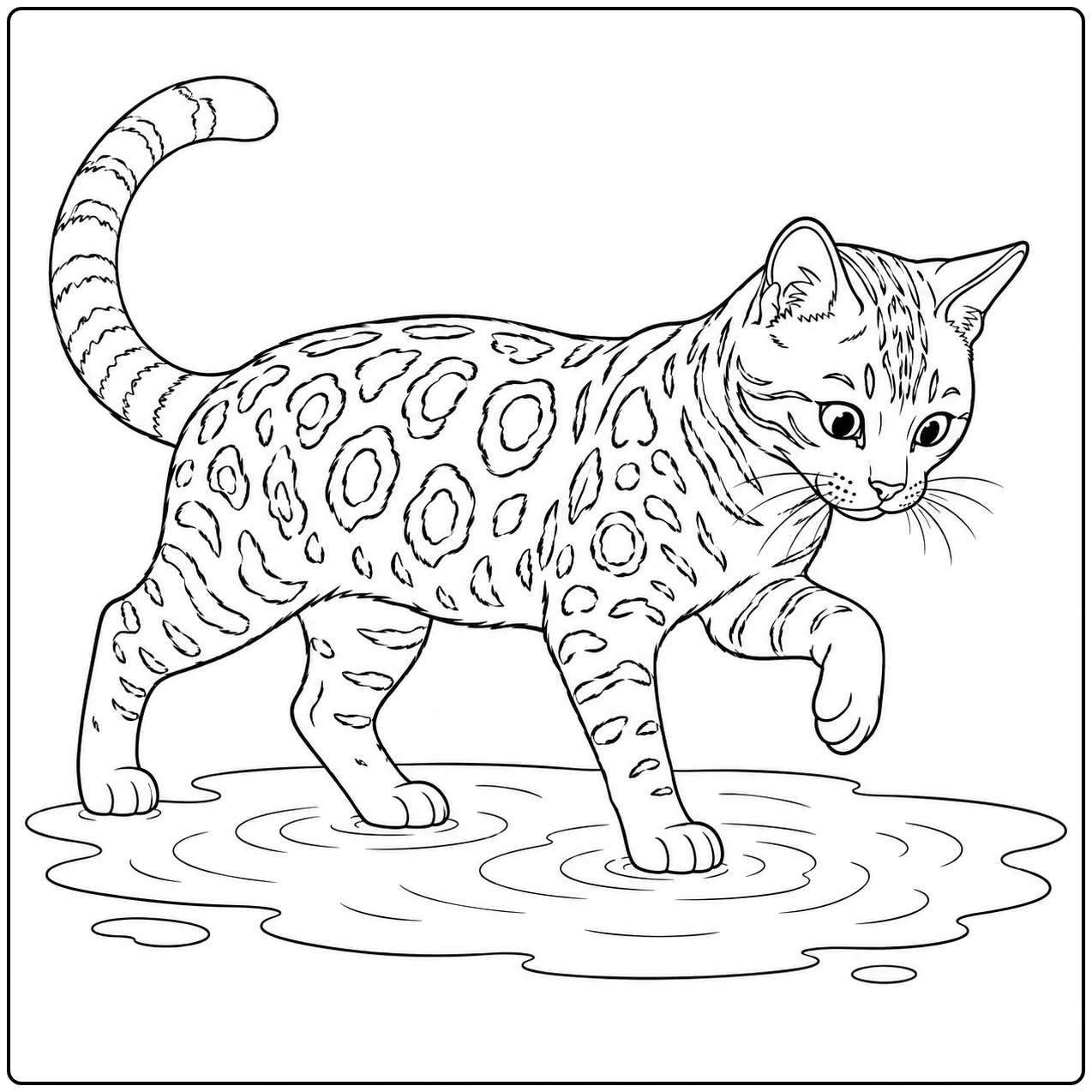 Kleurplaat bengaal van een kat die door een ondiepe plas stapt en één voorpoot optilt.