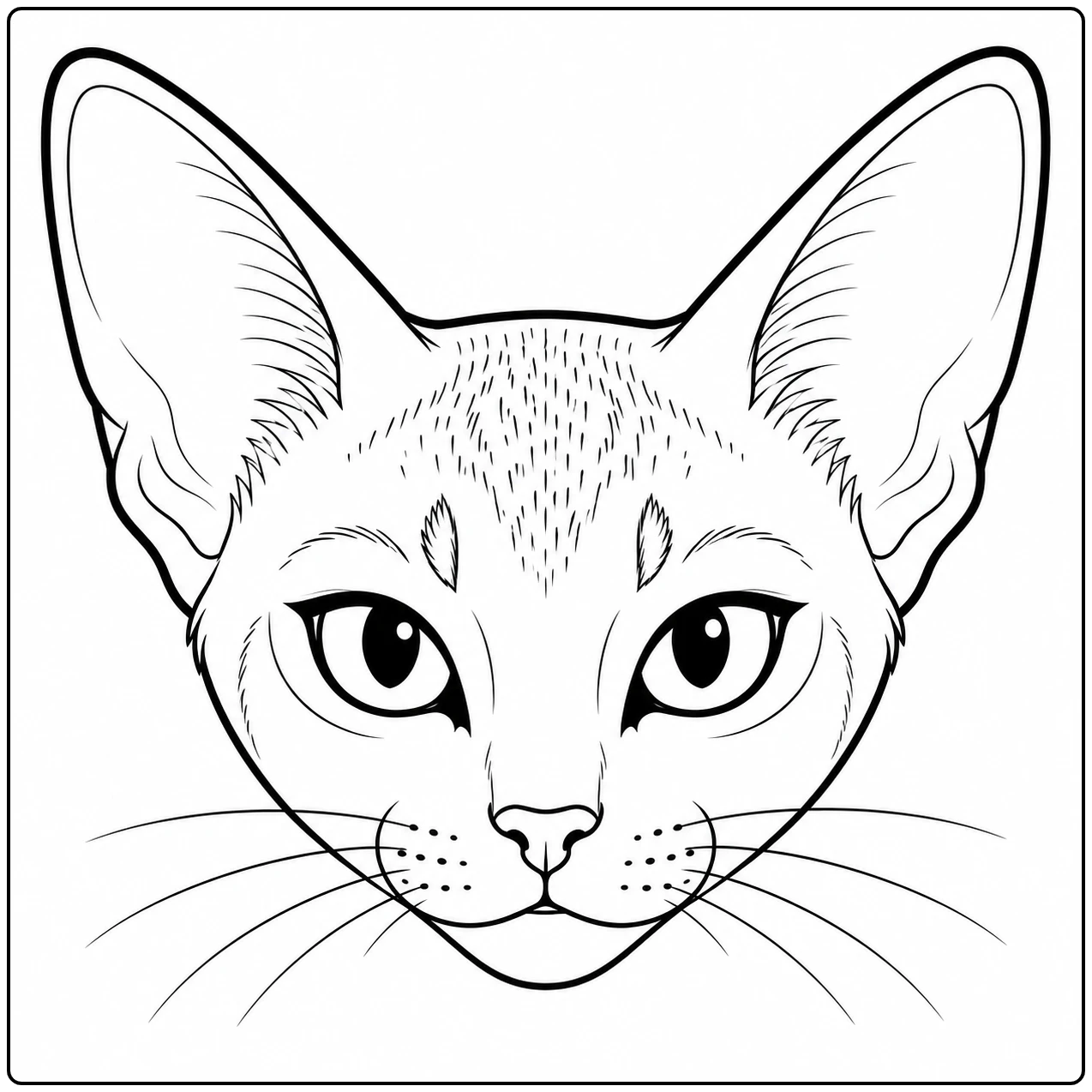 Kleurplaat abessijn met een frontaal kattenportret, grote oren en heldere amandelogen.