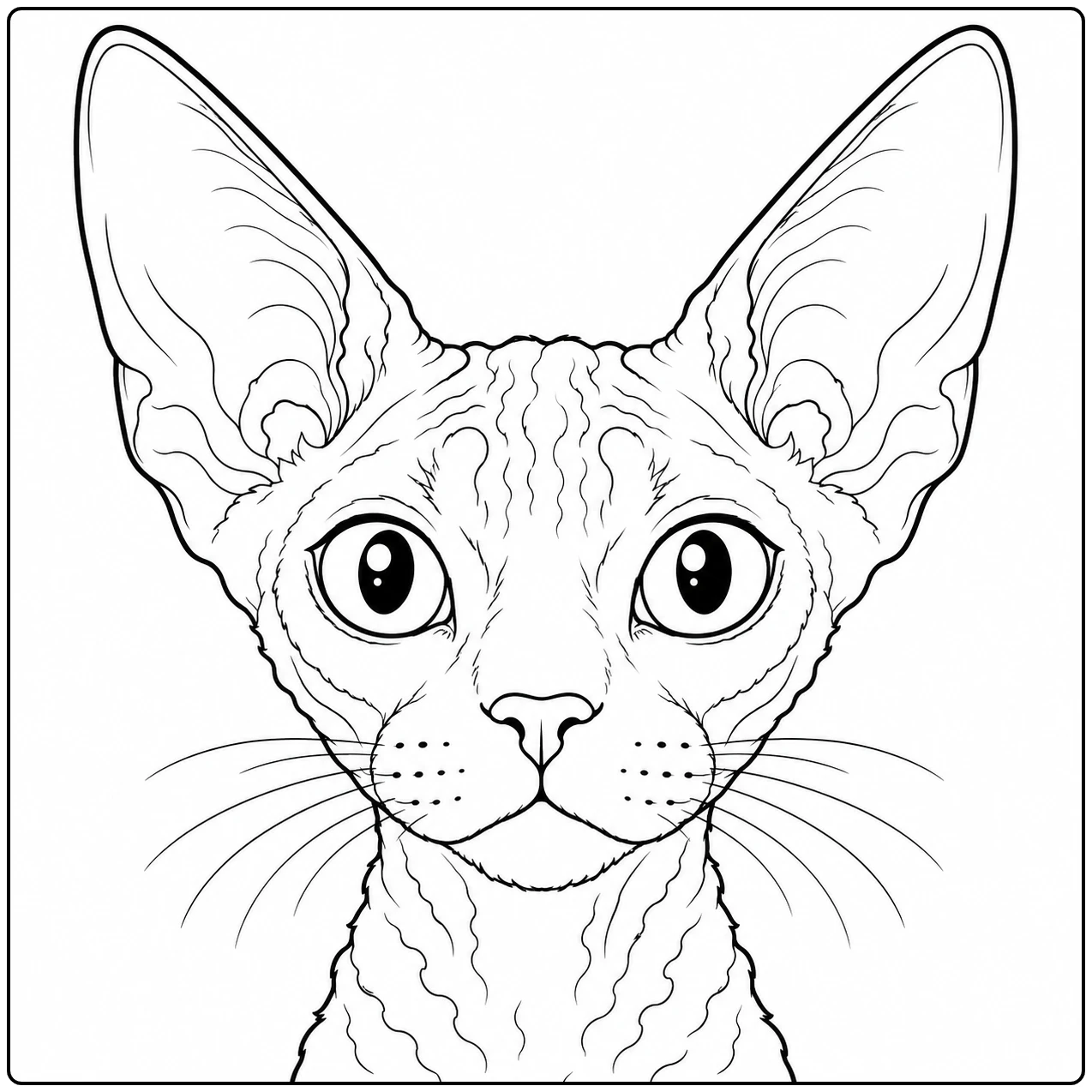 Close-up van een Devon Rex met opvallend grote oren, ronde ogen en korte gekrulde vacht.