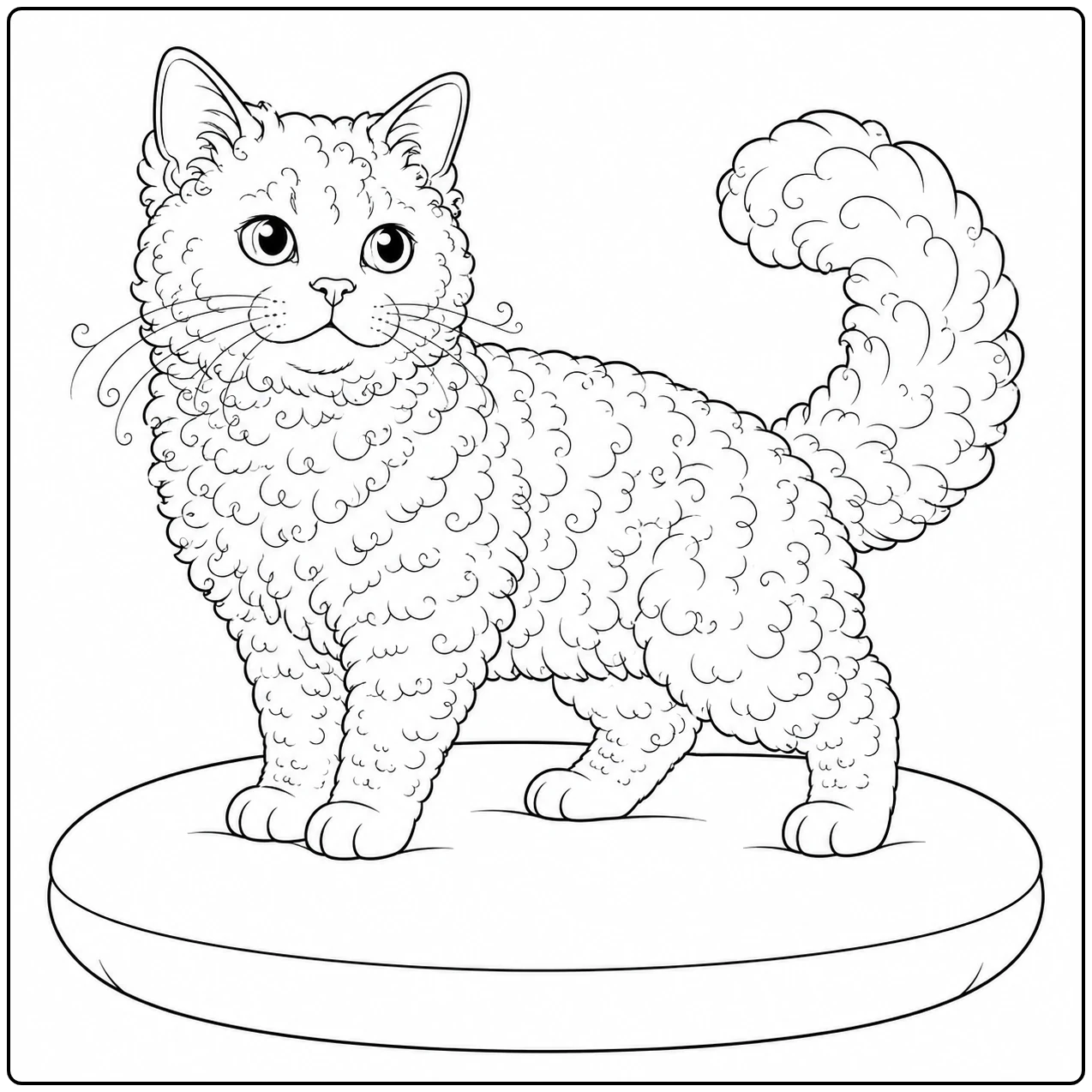 Krulharige kat staat alert op een rond podium, met een hoog gebogen pluimstaart.