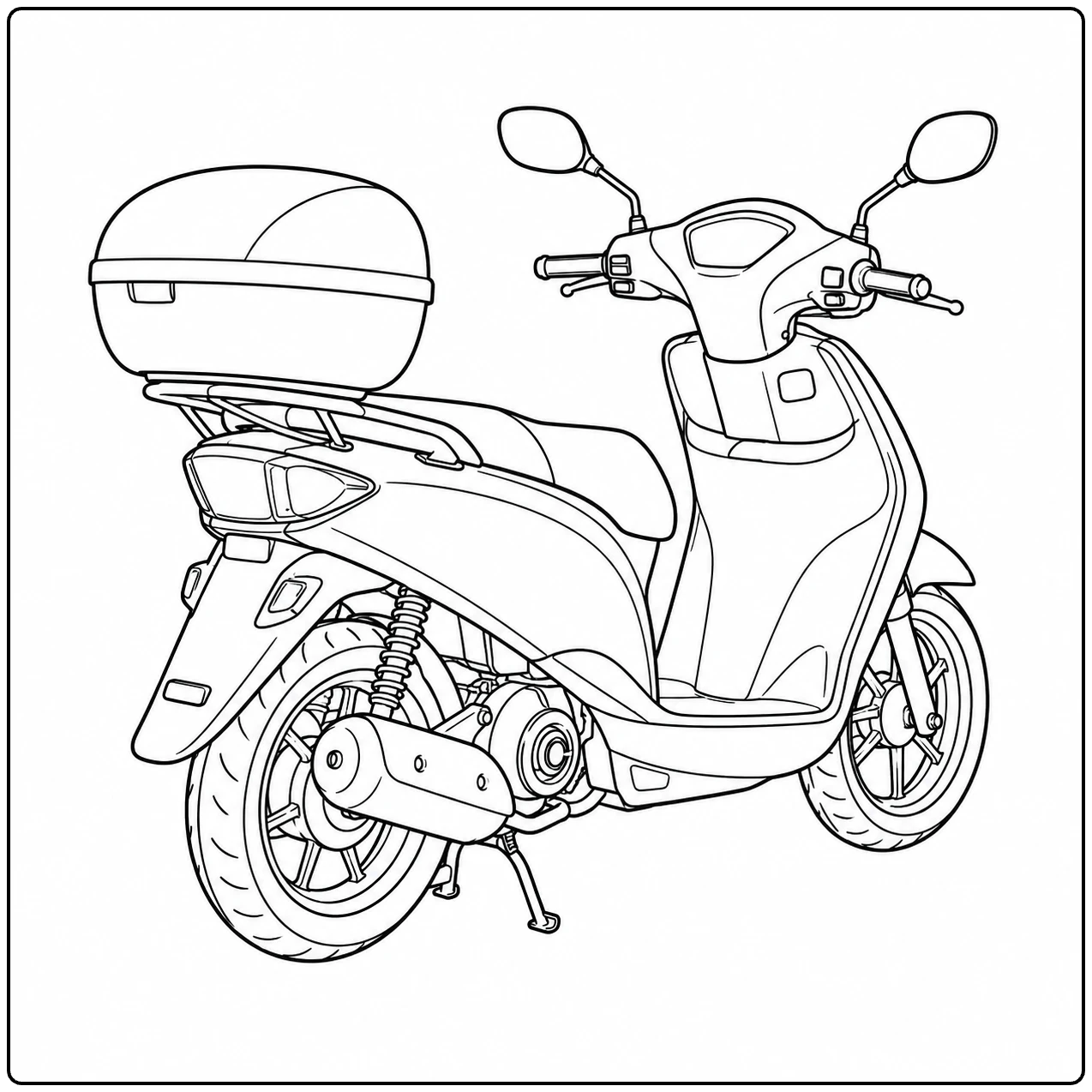 Praktische woon-werkscooter met een ruime topkoffer, gezien schuin van achteren