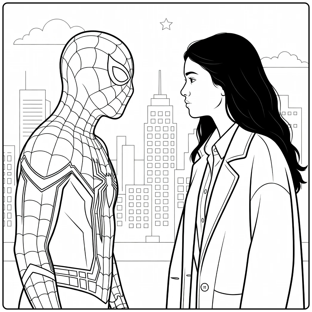 Twee figuren in profiel die elkaar aankijken, een in pak met masker en een vrouw met lang donker haar tegen stadsgezicht, Spider Man Brand New Day kleurplaat