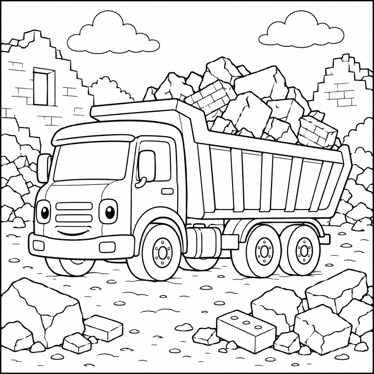 Kiepwagen met stenen en puin tijdens werkzaamheden op een bouwplaats