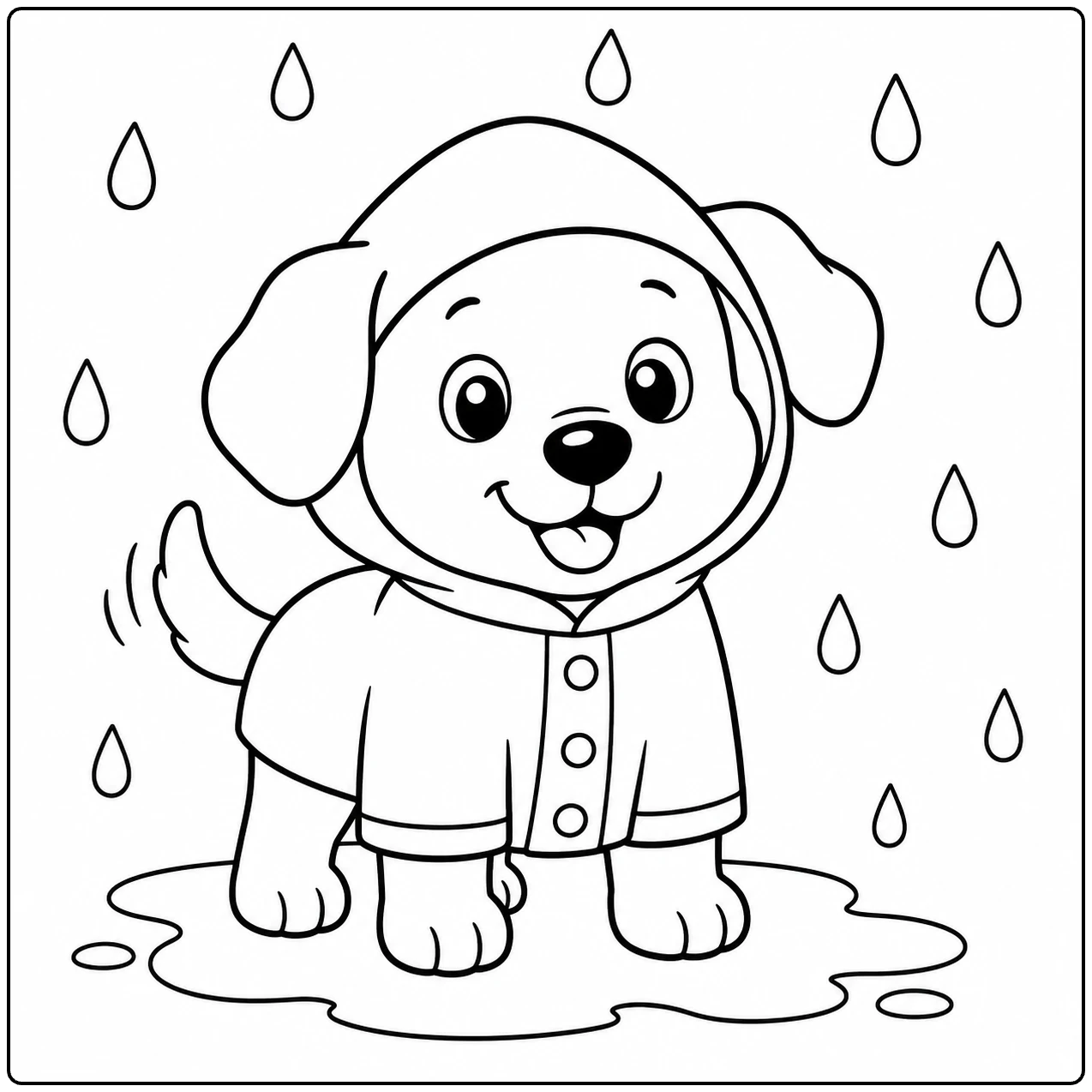 Puppy in een regenjas staat vrolijk in een plas op deze Regen Kleurplaat met vallende druppels
