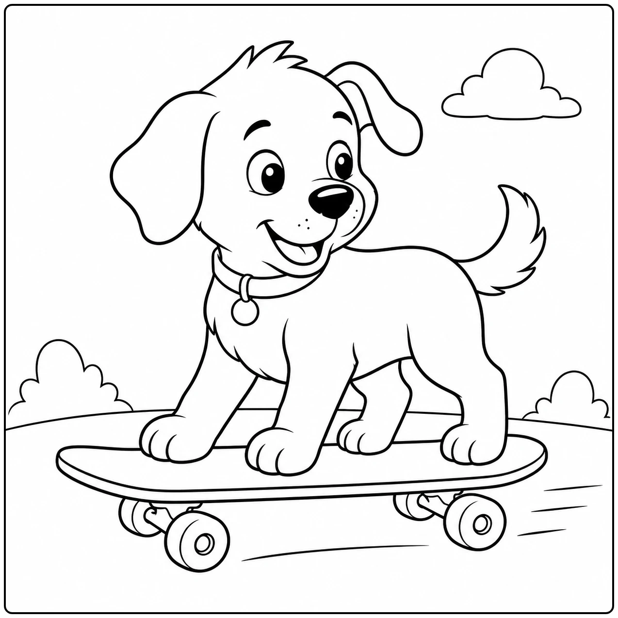 Vrolijke puppy staat met vier poten op een board, een grappige kleurplaat skateboard onder kleine wolken
