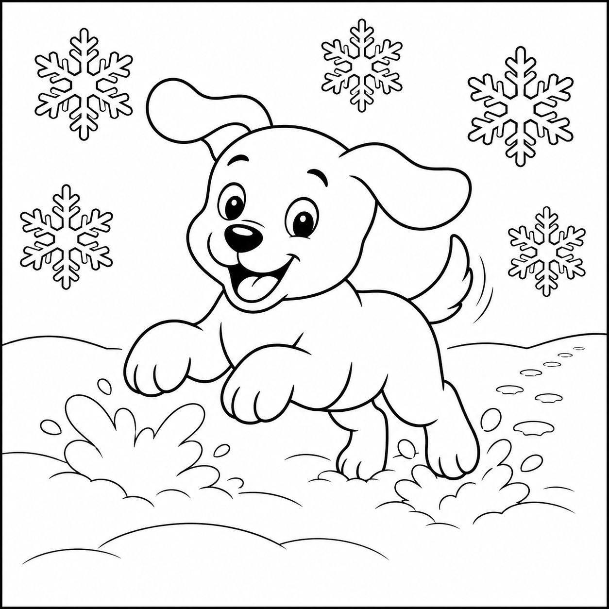 Vrolijke puppy springt door de verse sneeuw en laat kleine afdrukken achter