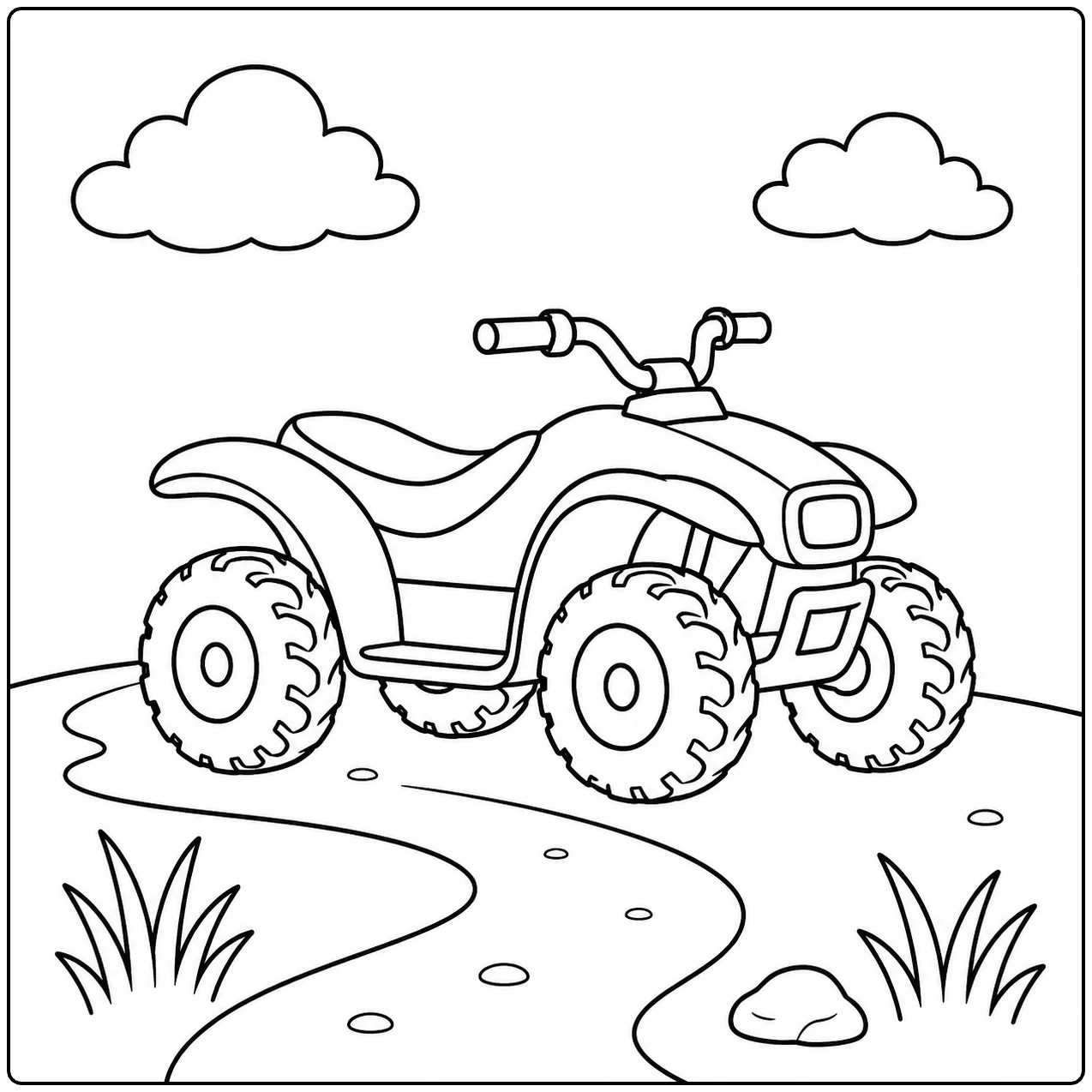Een kleurplaat quad rijdt over een kronkelend pad met wolken, stenen en hoog gras