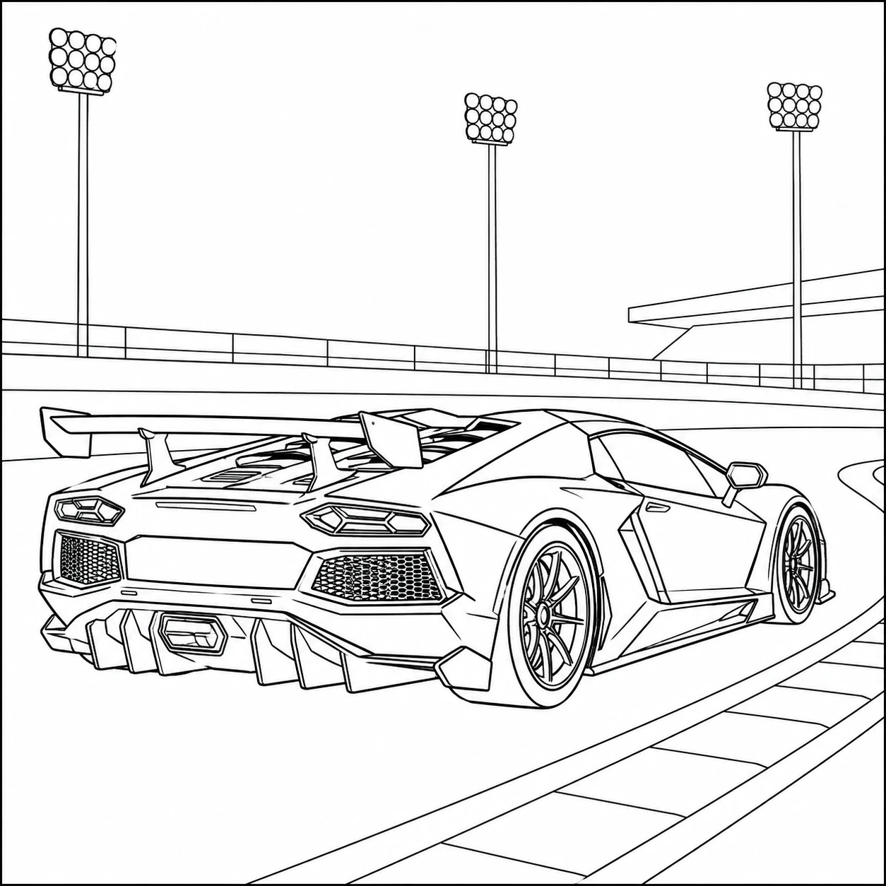 Achteraanzicht van een exotische raceauto in een stadion met grote achtervleugel