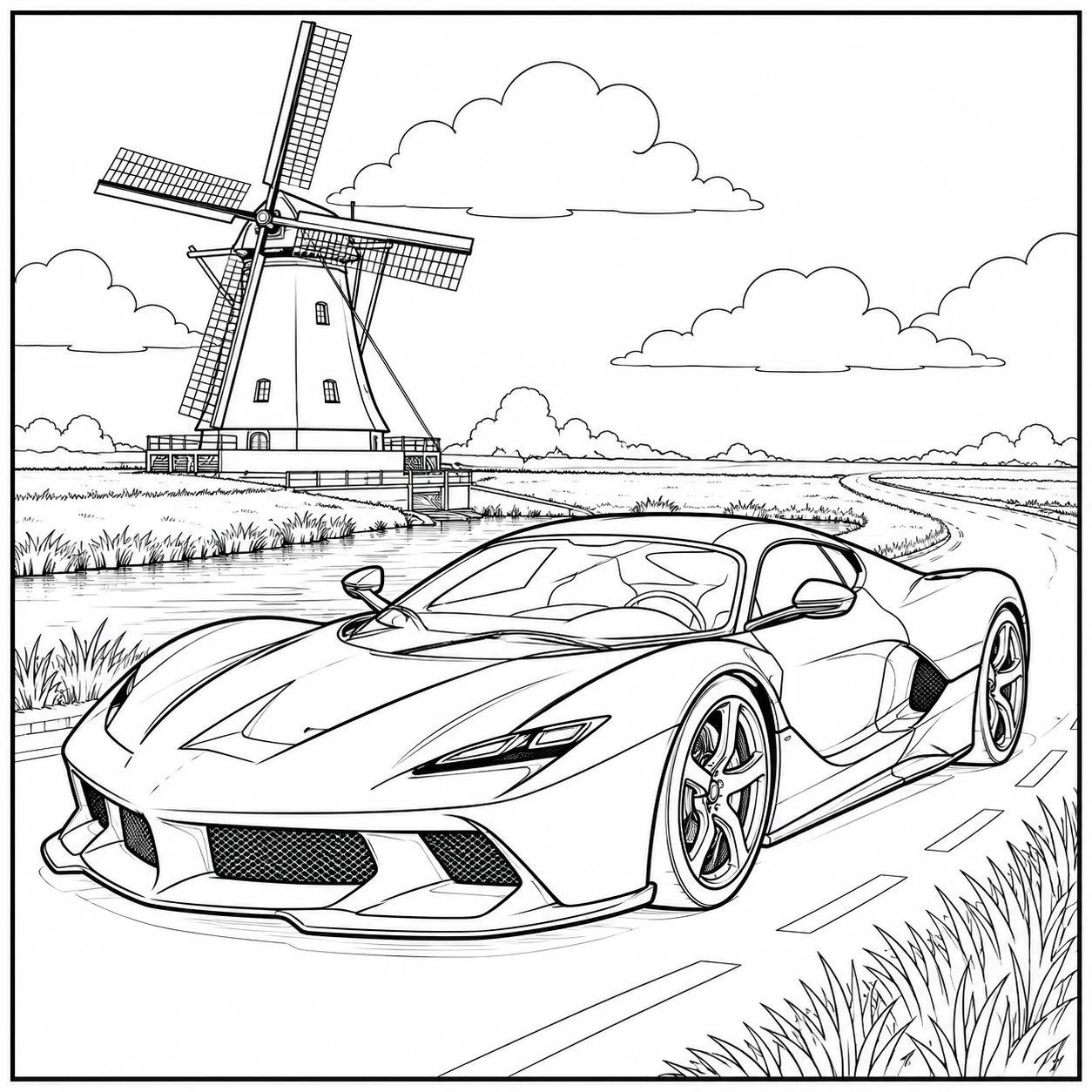 Sportwagen rijdt langs een windmolen, bloemenvelden en wolken in een landelijk landschap