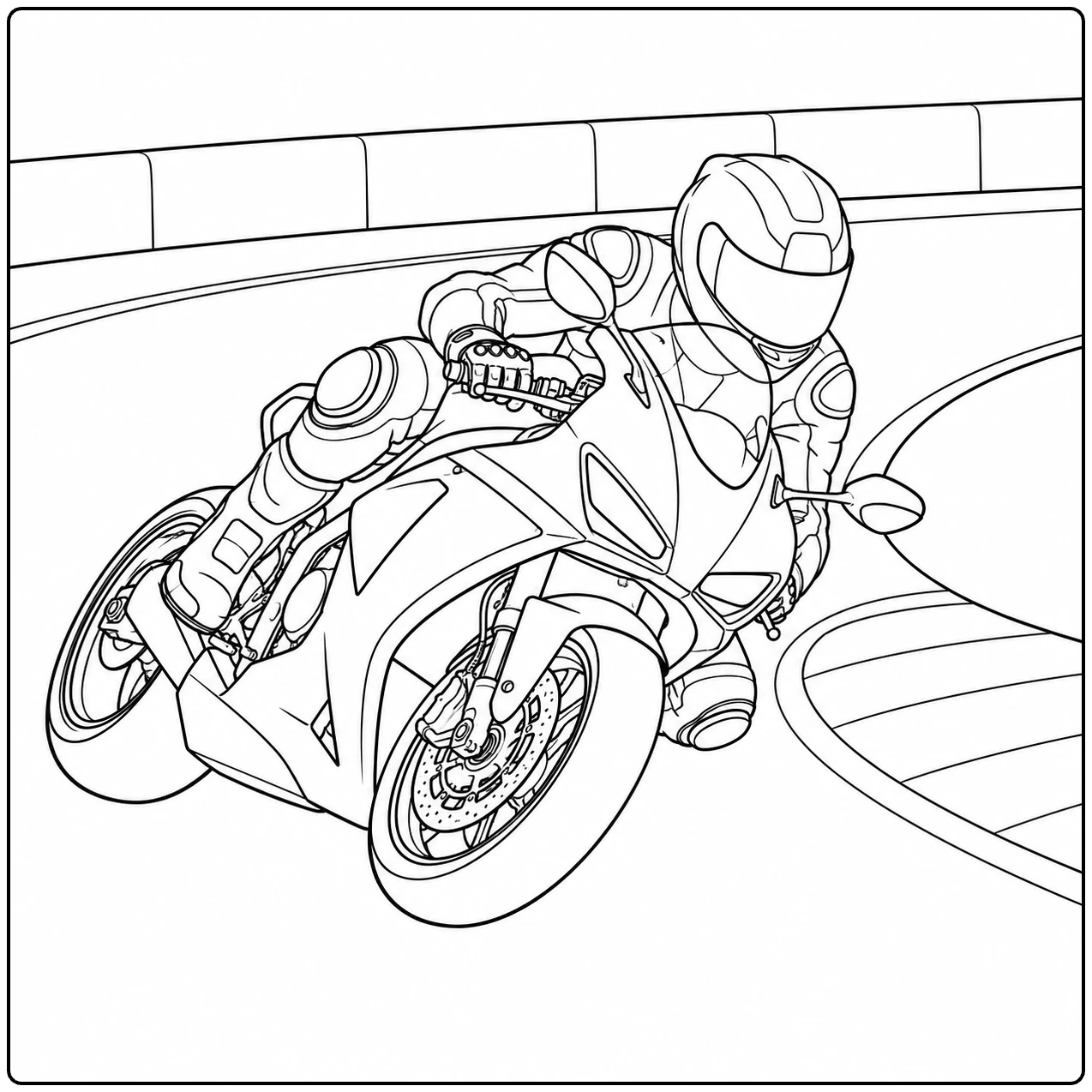 Racemotor met volledig uitgeruste coureur die diep door een gemarkeerde circuitbocht helt
