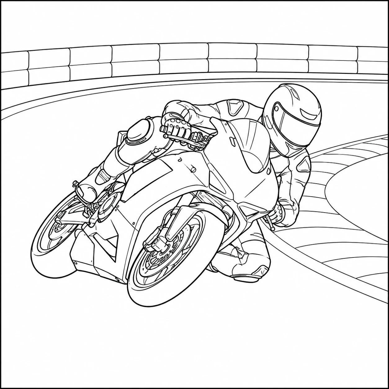 Racemotor helt diep door een bocht met duidelijke baanranden en veiligheidsmuur