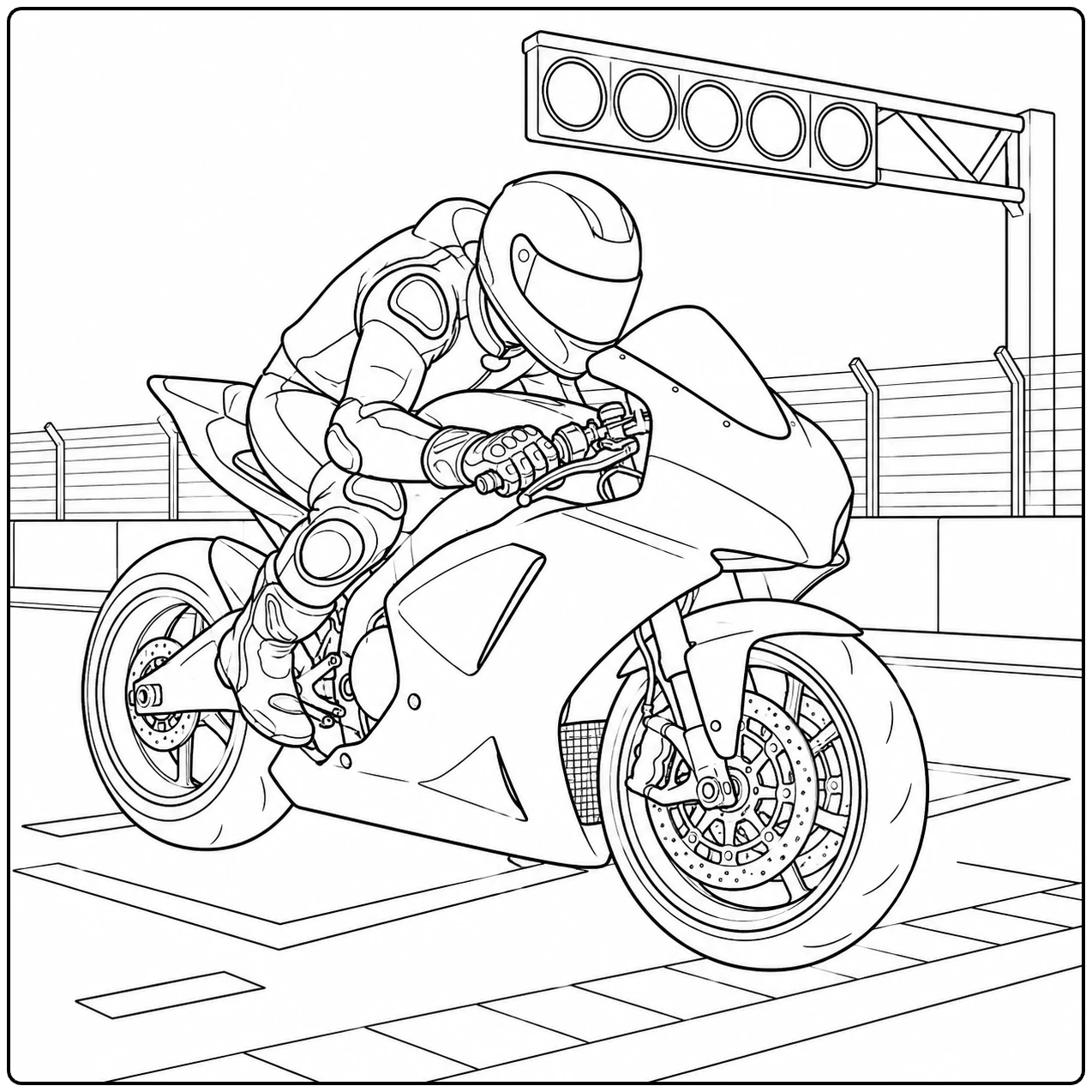 Een rijder wacht onder de startlichten op het circuit in deze kleurplaat motor kawasaki
