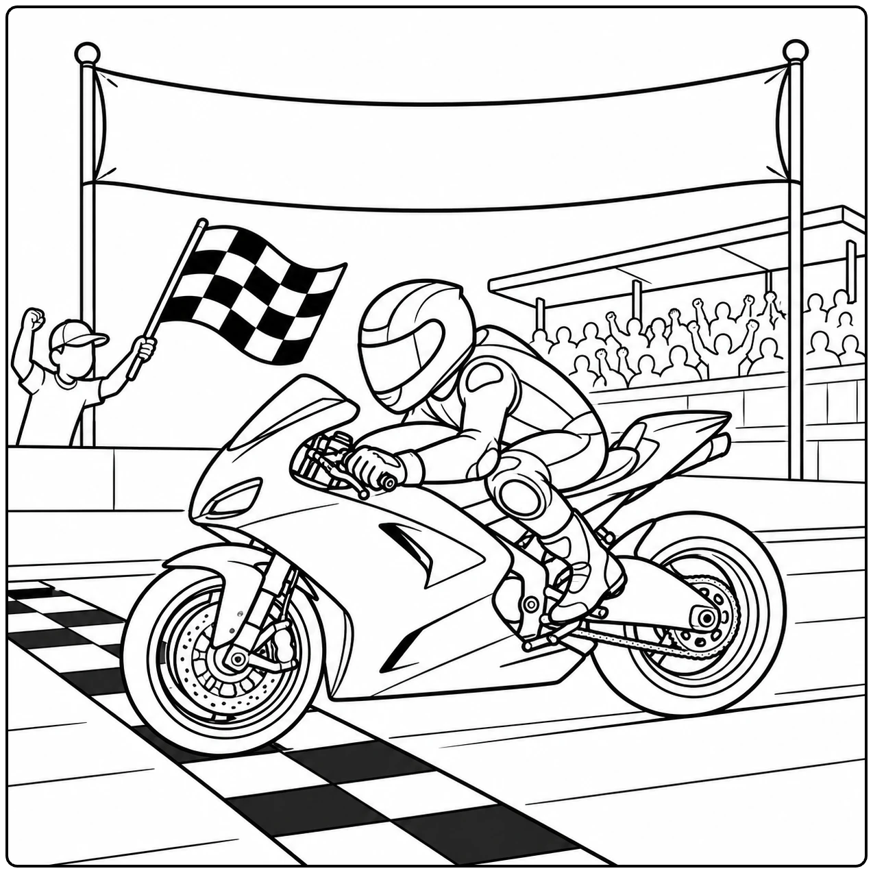 Kleurplaat motor ducati met coureur die de finishlijn passeert naast een geblokte vlag.