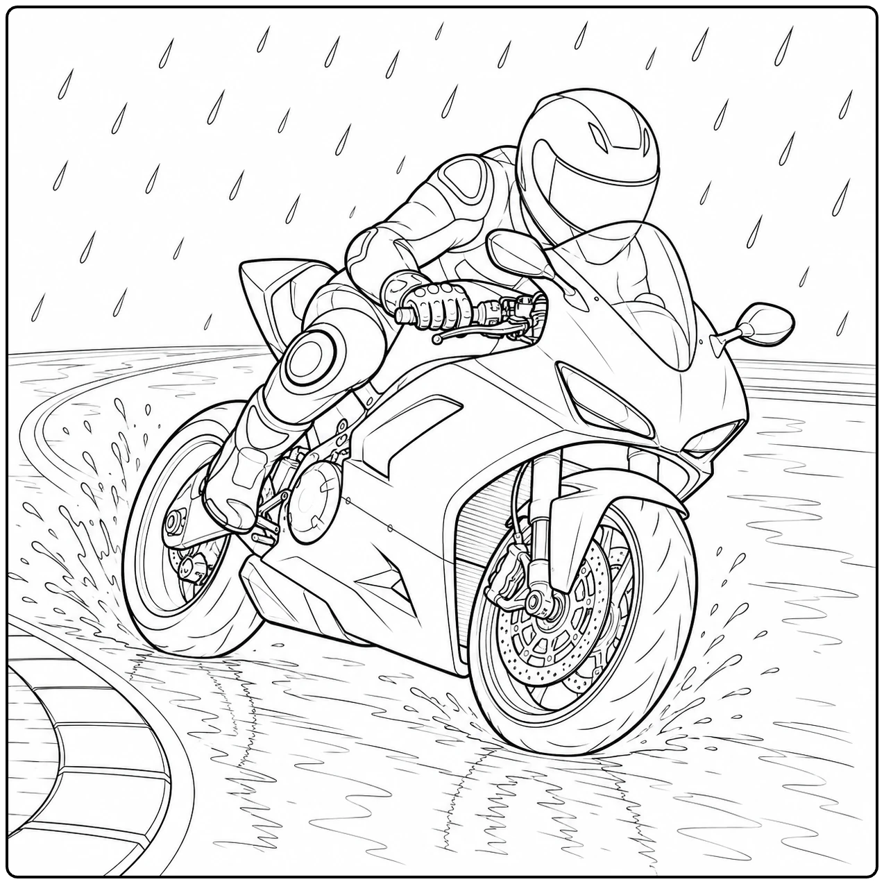 Racemotor in de regen met opspattend water; kleurplaat motor ducati op een natte baan.