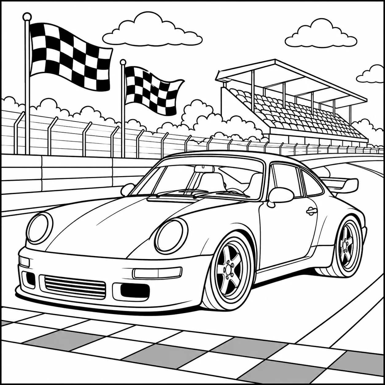 Porsche 911 kleurplaat auto met sportwagen op een racebaan en geblokte vlaggen