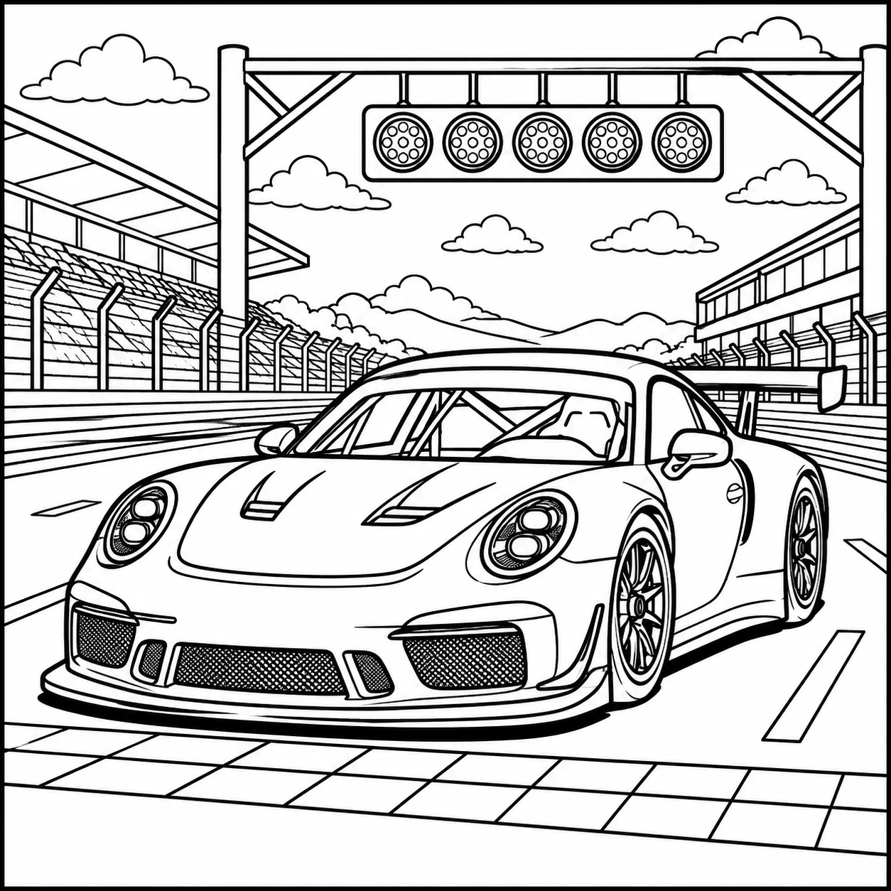 Kleurplaat auto porsche met een racewagen onder startlichten op een professioneel circuit