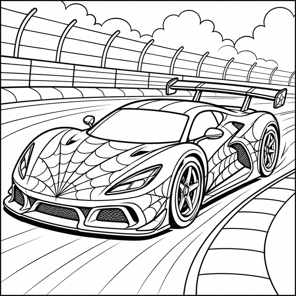 Kleurplaat spiderman auto met een snelle sportwagen op een racecircuit met bochten en lijnen