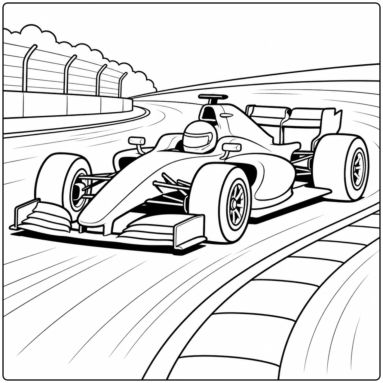 kleurplaat auto mclaren met een racewagen op een circuit met scherpe bochten en duidelijke lijnen