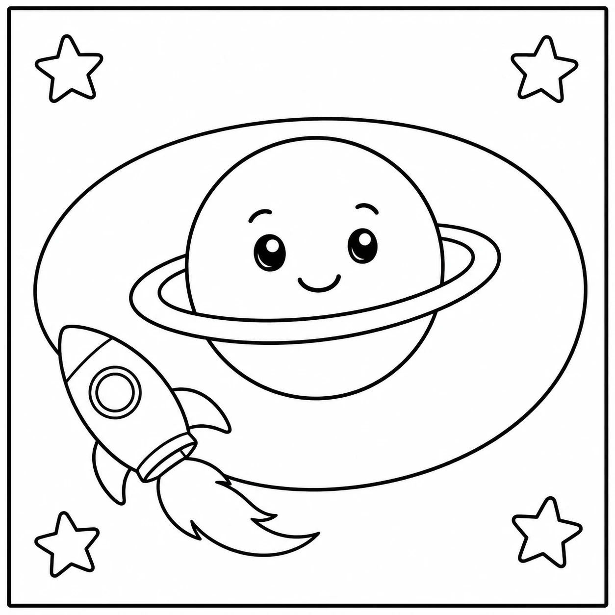 Een kleine raket draait rond een glimlachende planeet met ringen en vier sterren.