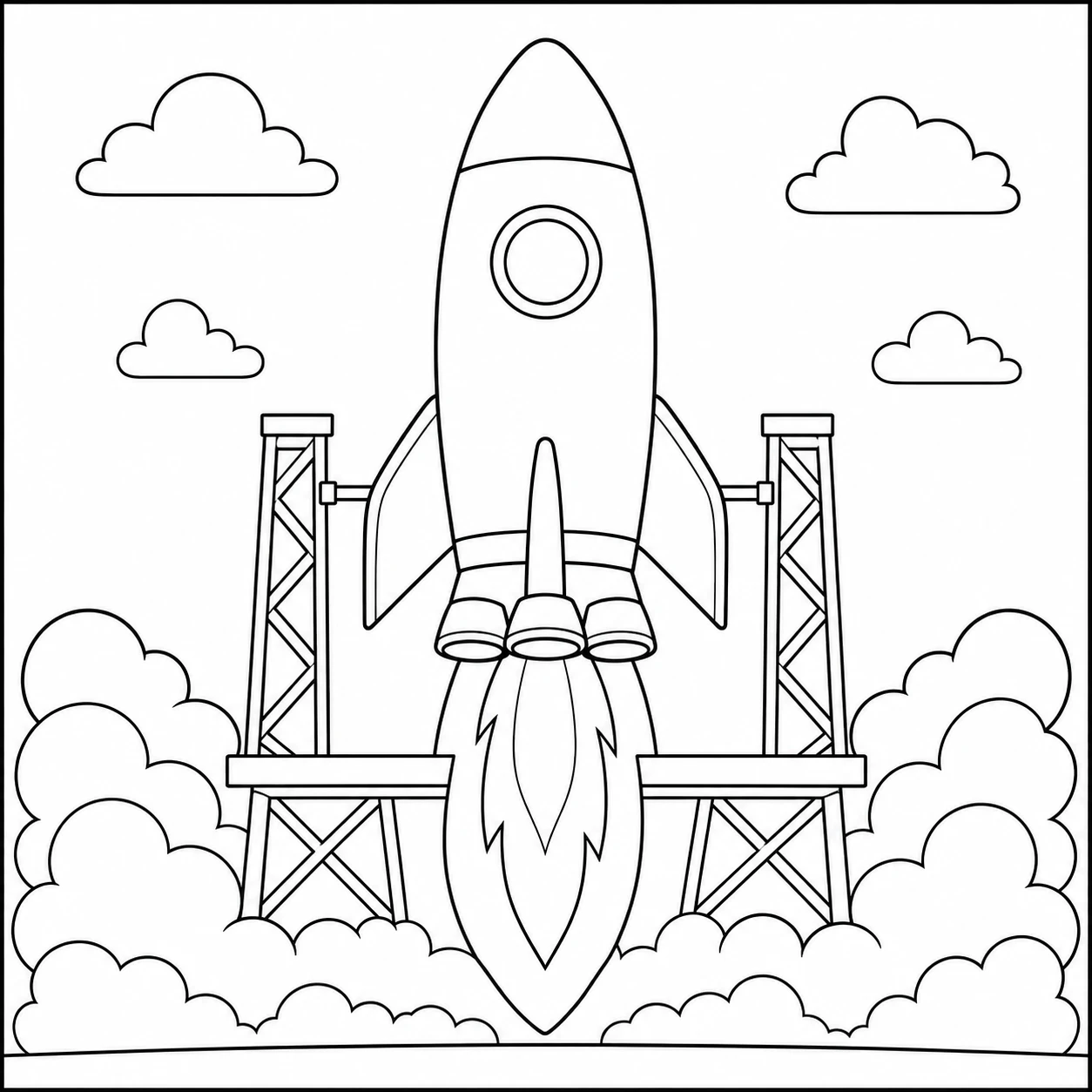 Raket vertrekt vanaf een groot platform met steigers, wolken en dikke rook onder de motoren.